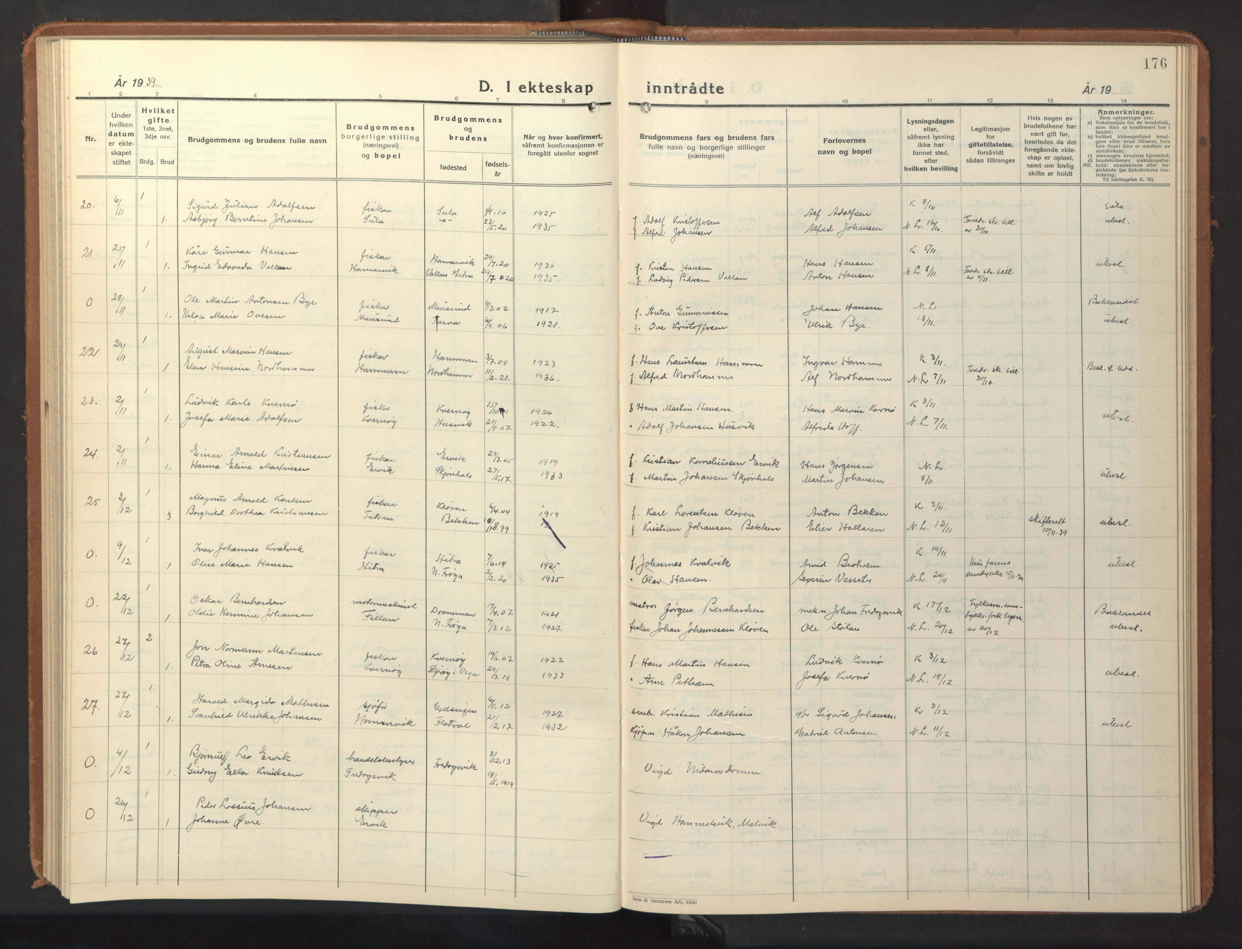 Ministerialprotokoller, klokkerbøker og fødselsregistre - Sør-Trøndelag, SAT/A-1456/640/L0590: Parish register (copy) no. 640C07, 1935-1948, p. 176