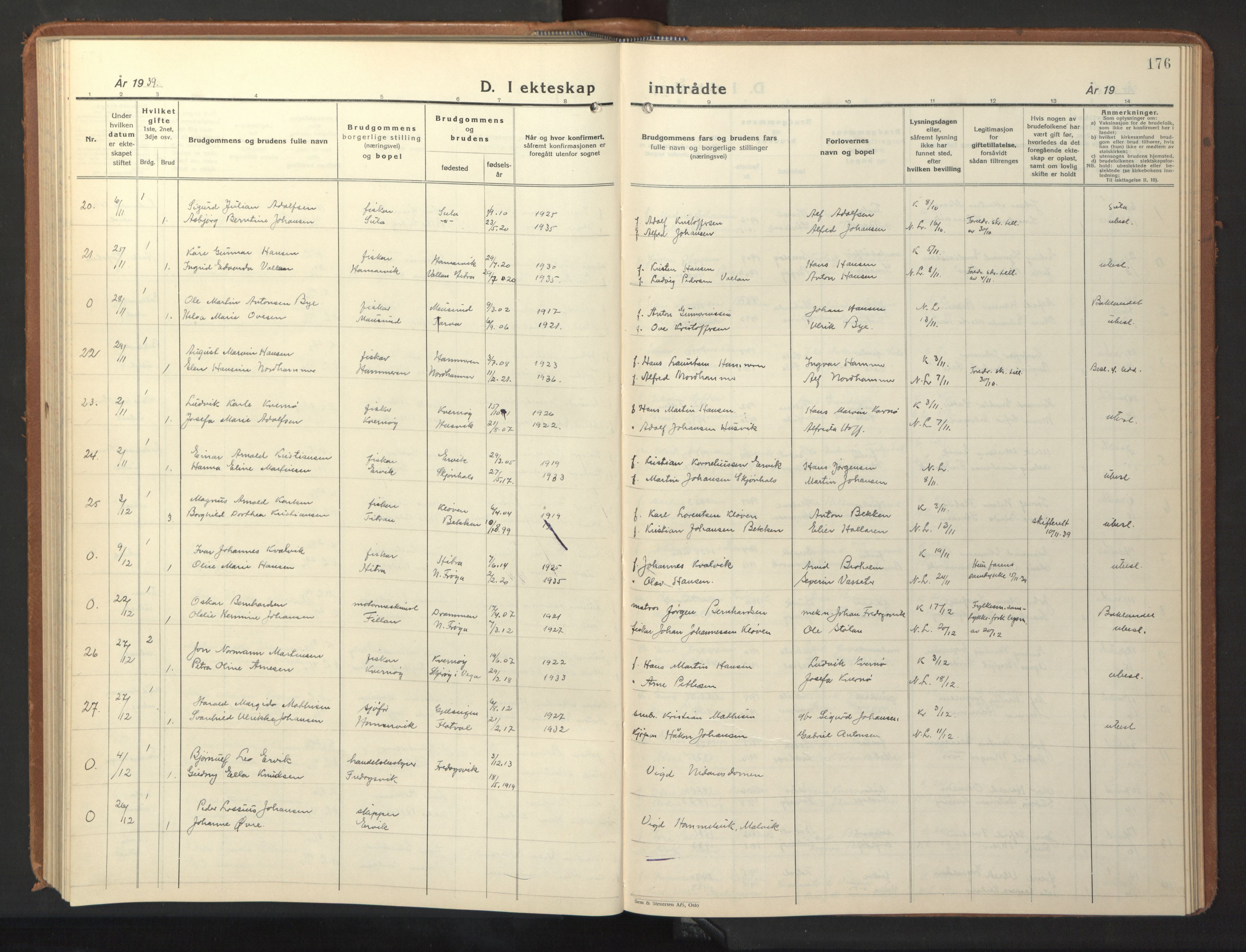 Ministerialprotokoller, klokkerbøker og fødselsregistre - Sør-Trøndelag, AV/SAT-A-1456/640/L0590: Parish register (copy) no. 640C07, 1935-1948, p. 176