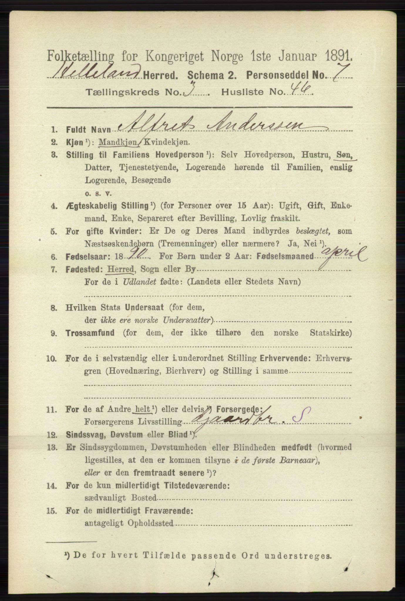 RA, 1891 census for 1115 Helleland, 1891, p. 1101