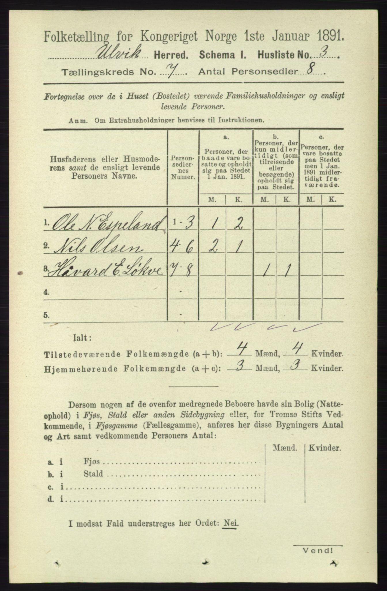 RA, 1891 census for 1233 Ulvik, 1891, p. 2227