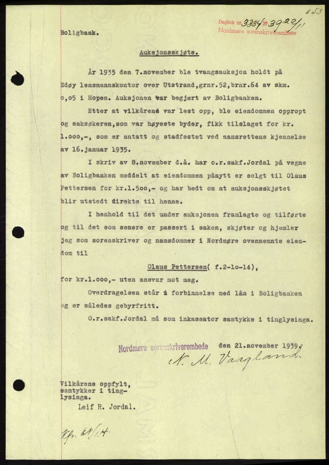 Nordmøre sorenskriveri, AV/SAT-A-4132/1/2/2Ca: Mortgage book no. A87, 1939-1940, Diary no: : 3384/1939