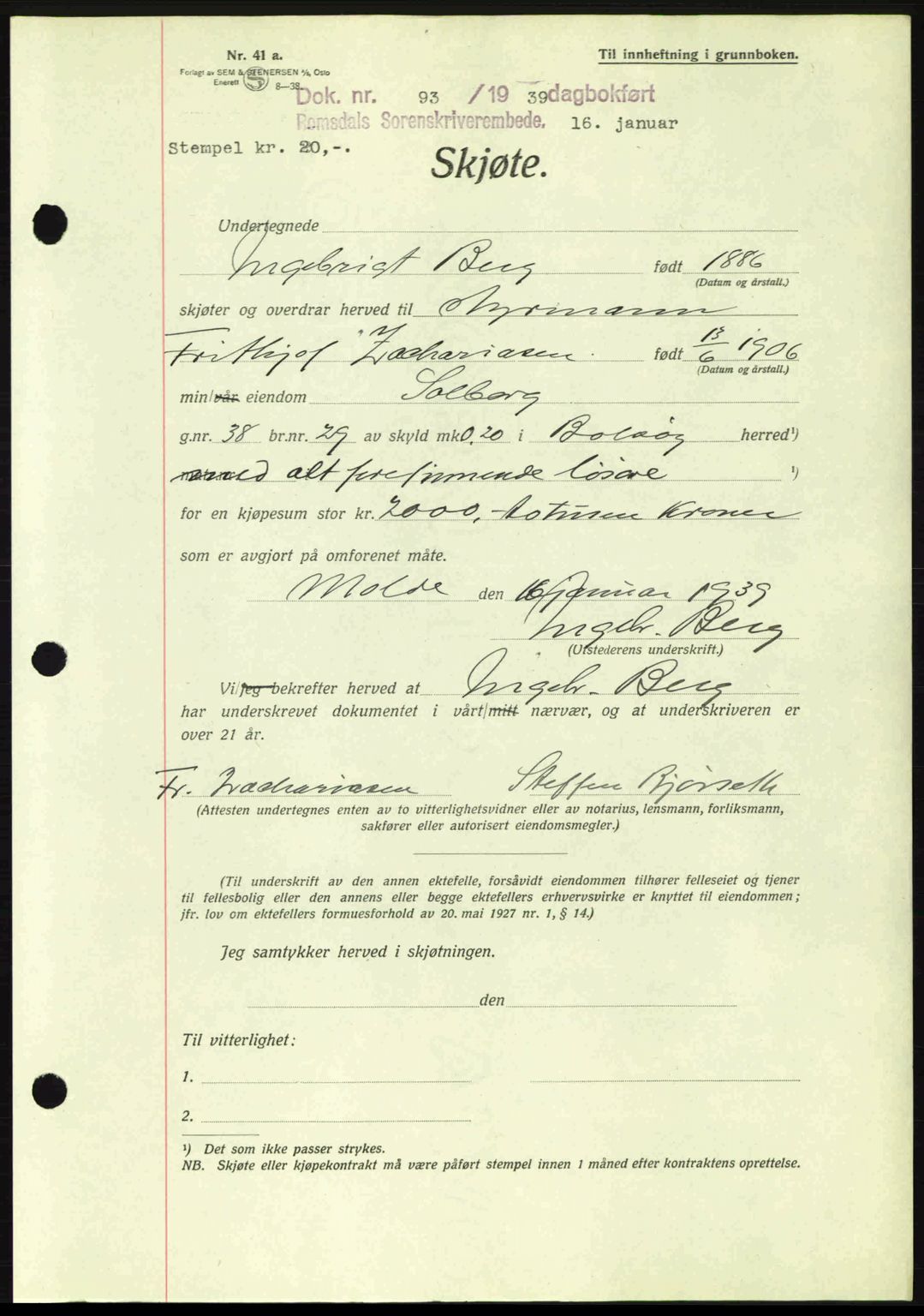 Romsdal sorenskriveri, AV/SAT-A-4149/1/2/2C: Mortgage book no. A6, 1938-1939, Diary no: : 93/1939