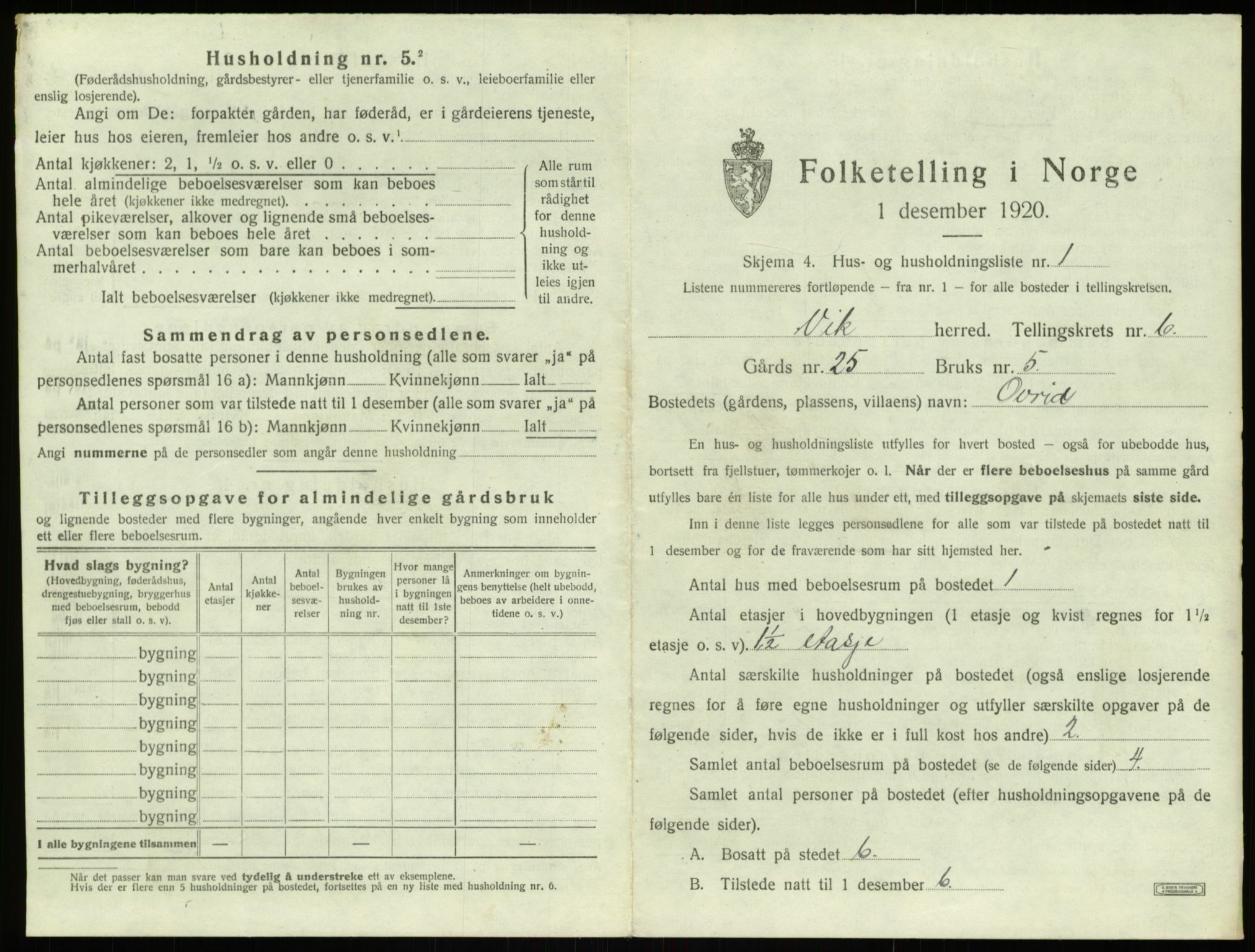 SAB, 1920 census for Vik, 1920, p. 696
