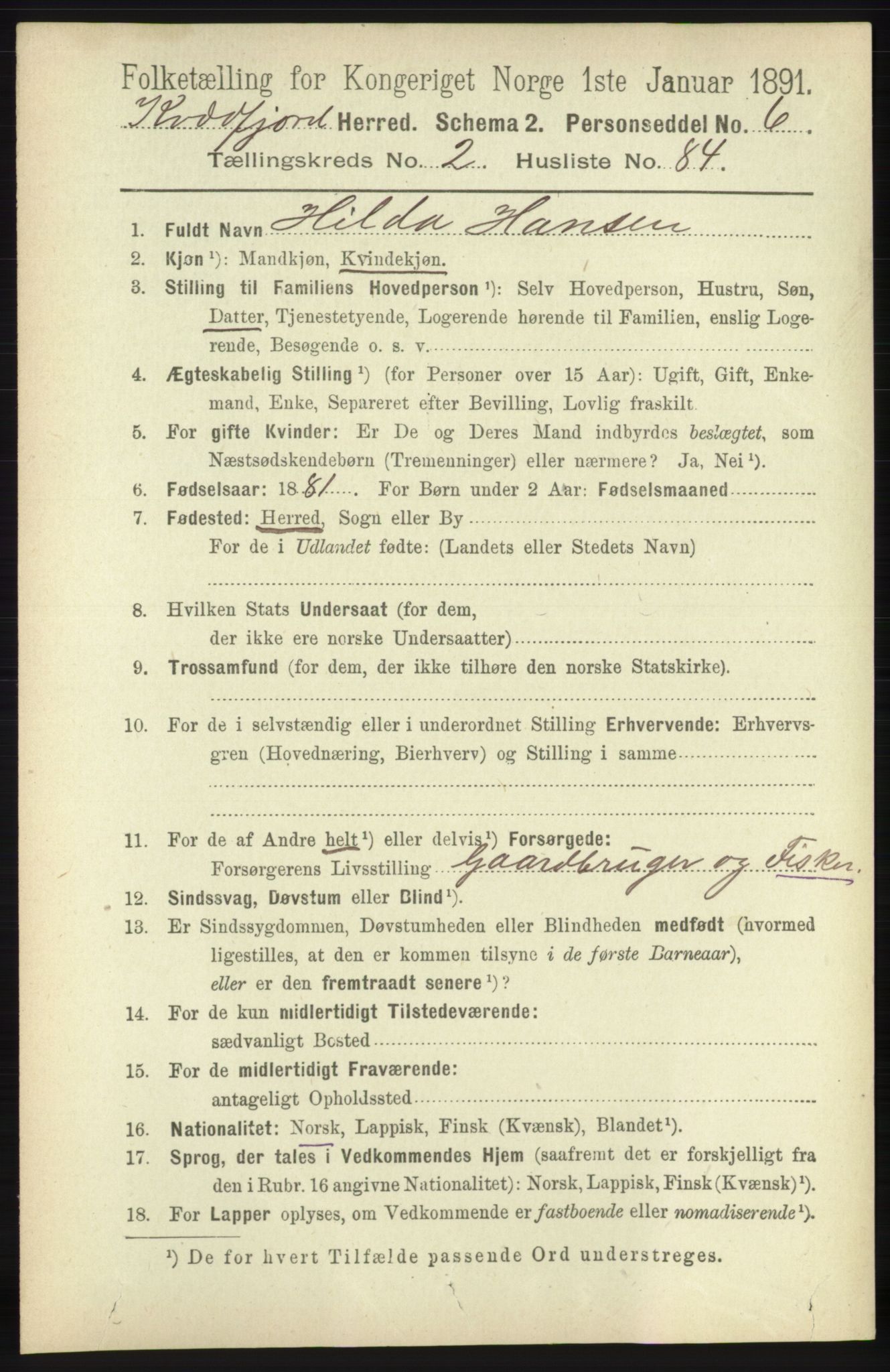 RA, 1891 census for 1911 Kvæfjord, 1891, p. 1214