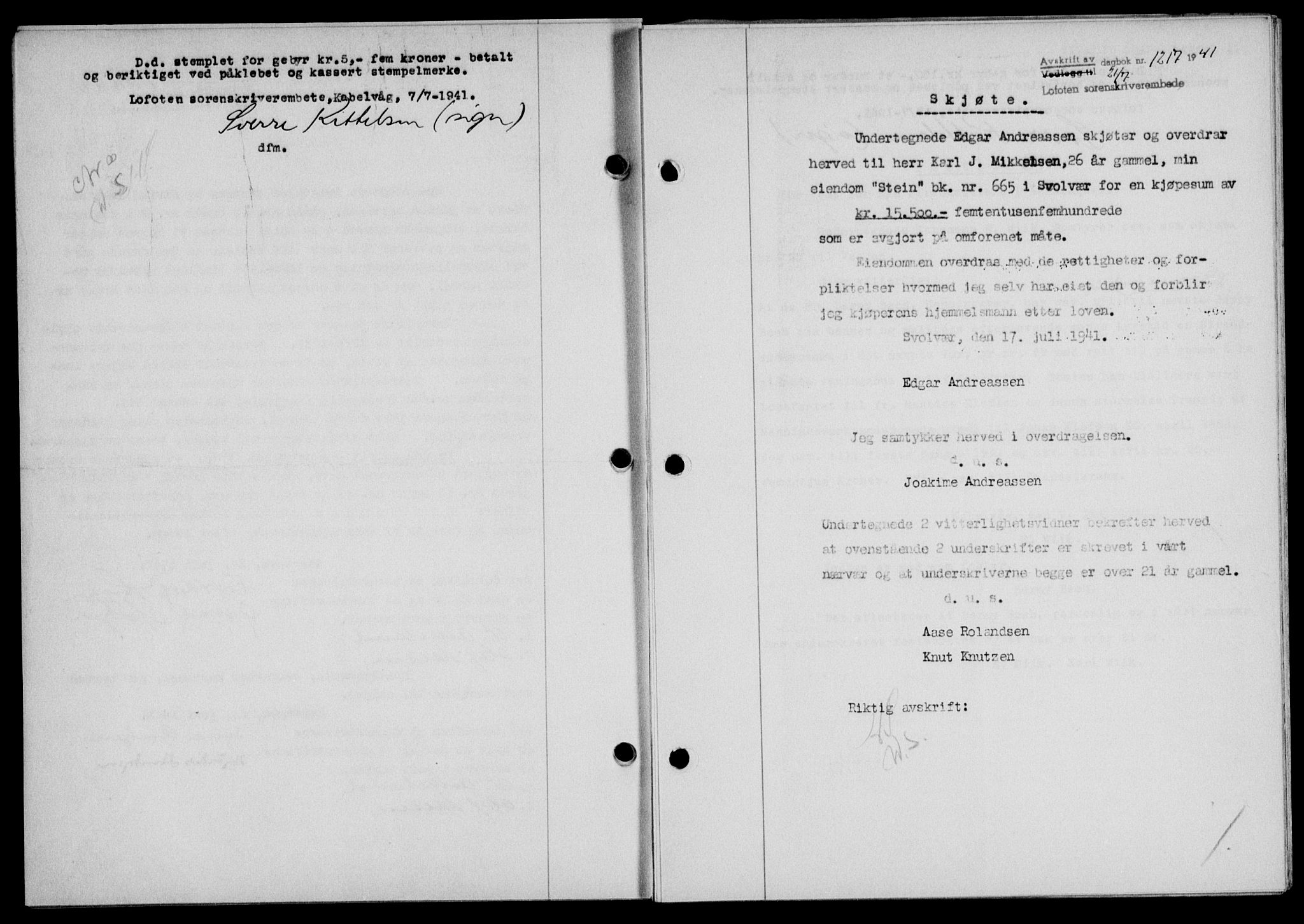 Lofoten sorenskriveri, SAT/A-0017/1/2/2C/L0008a: Mortgage book no. 8a, 1940-1941, Diary no: : 1217/1941