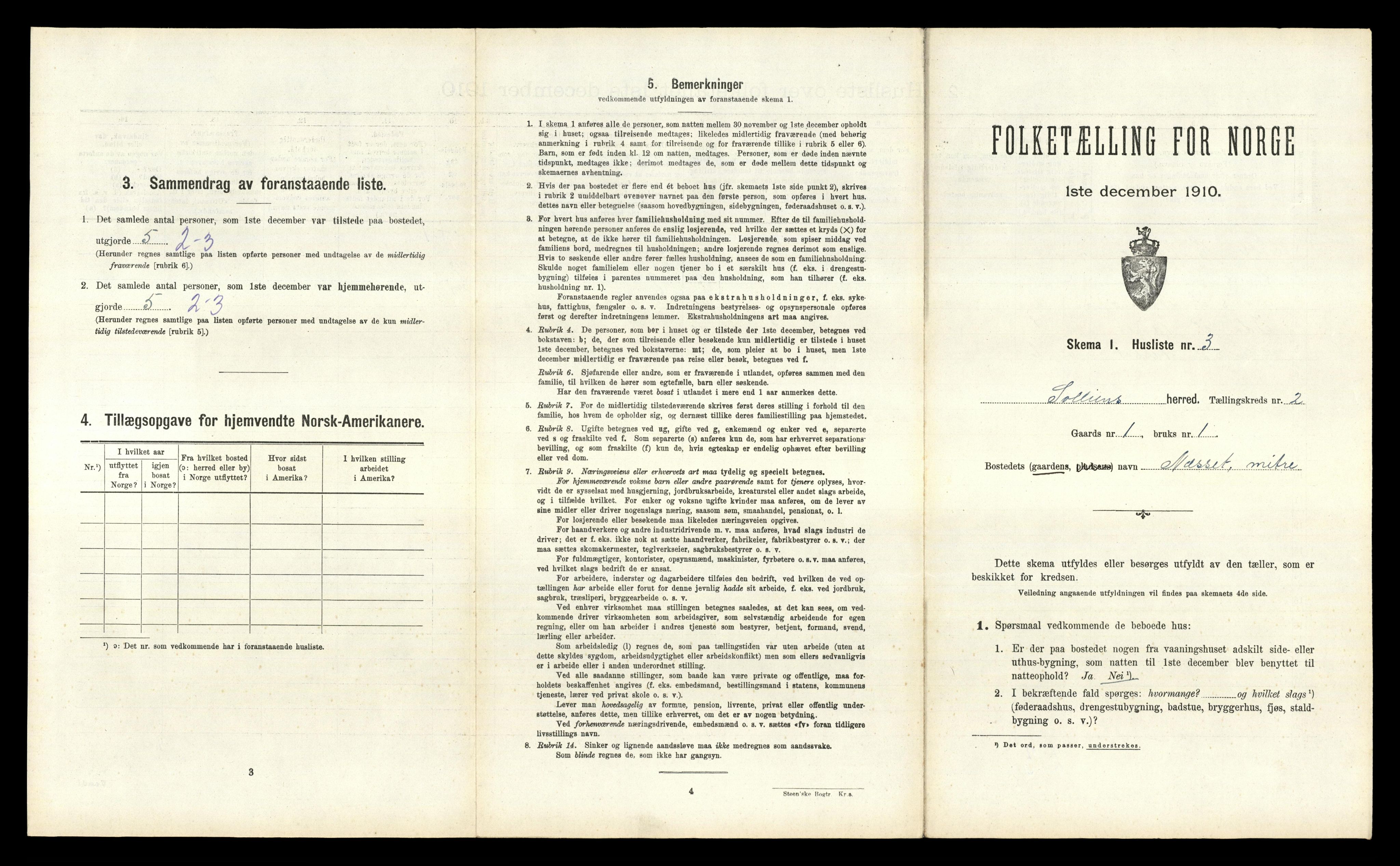 RA, 1910 census for Sollia, 1910, p. 87