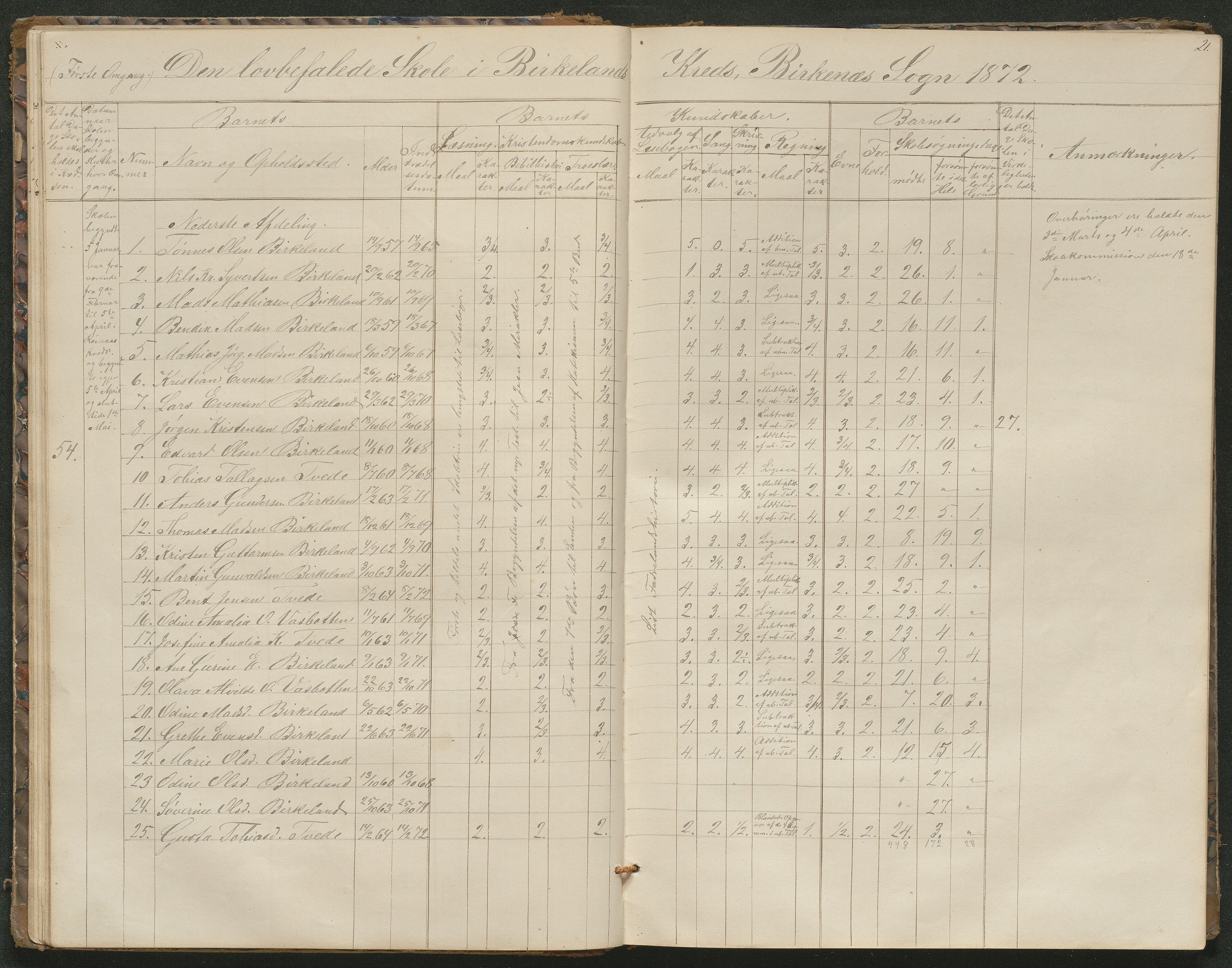 Birkenes kommune, Birkenes krets/Birkeland folkeskole frem til 1991, AAKS/KA0928-550a_91/F02/L0001: Skoleprotokoll, 1862-1896, p. 21