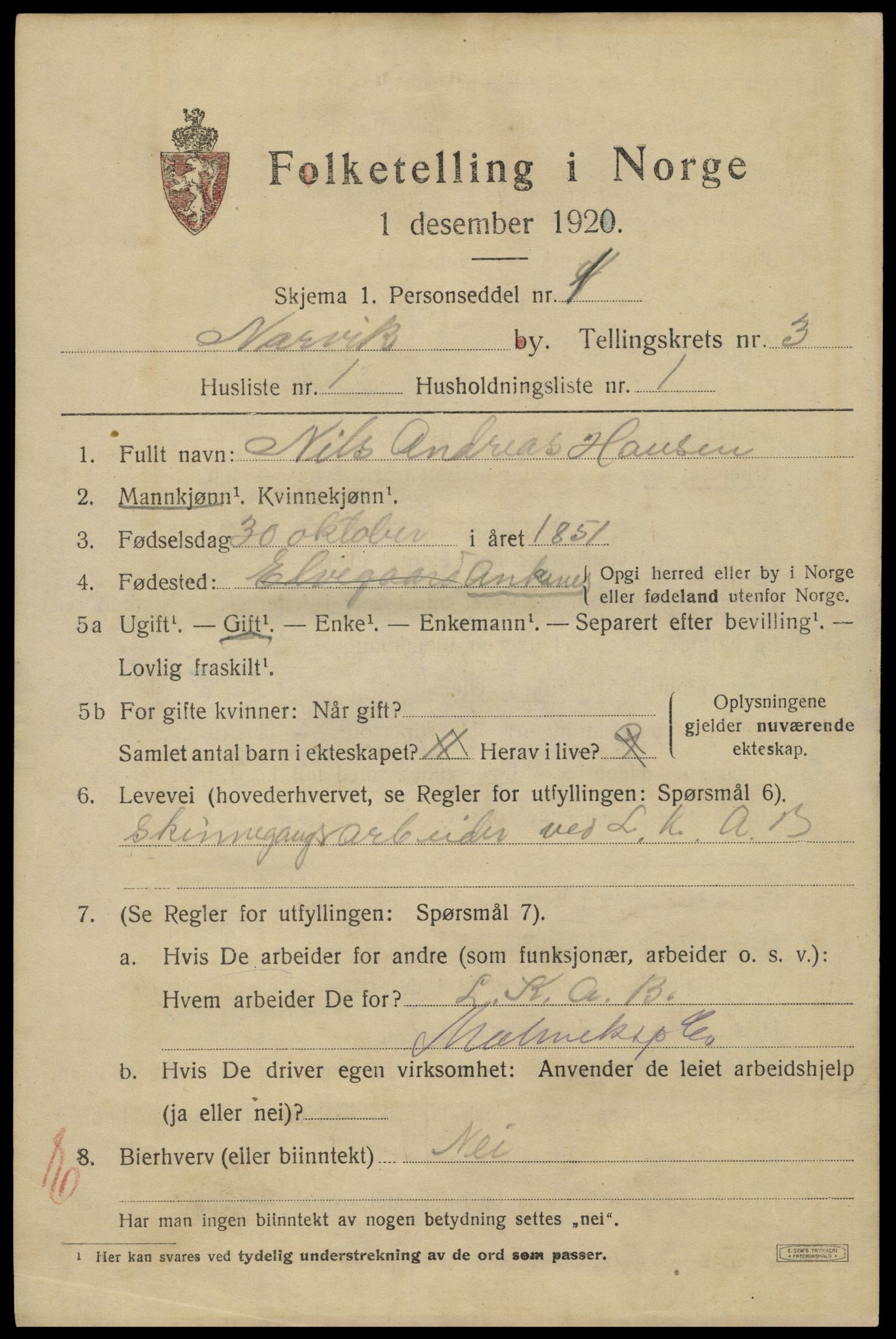 SAT, 1920 census for Narvik, 1920, p. 11744