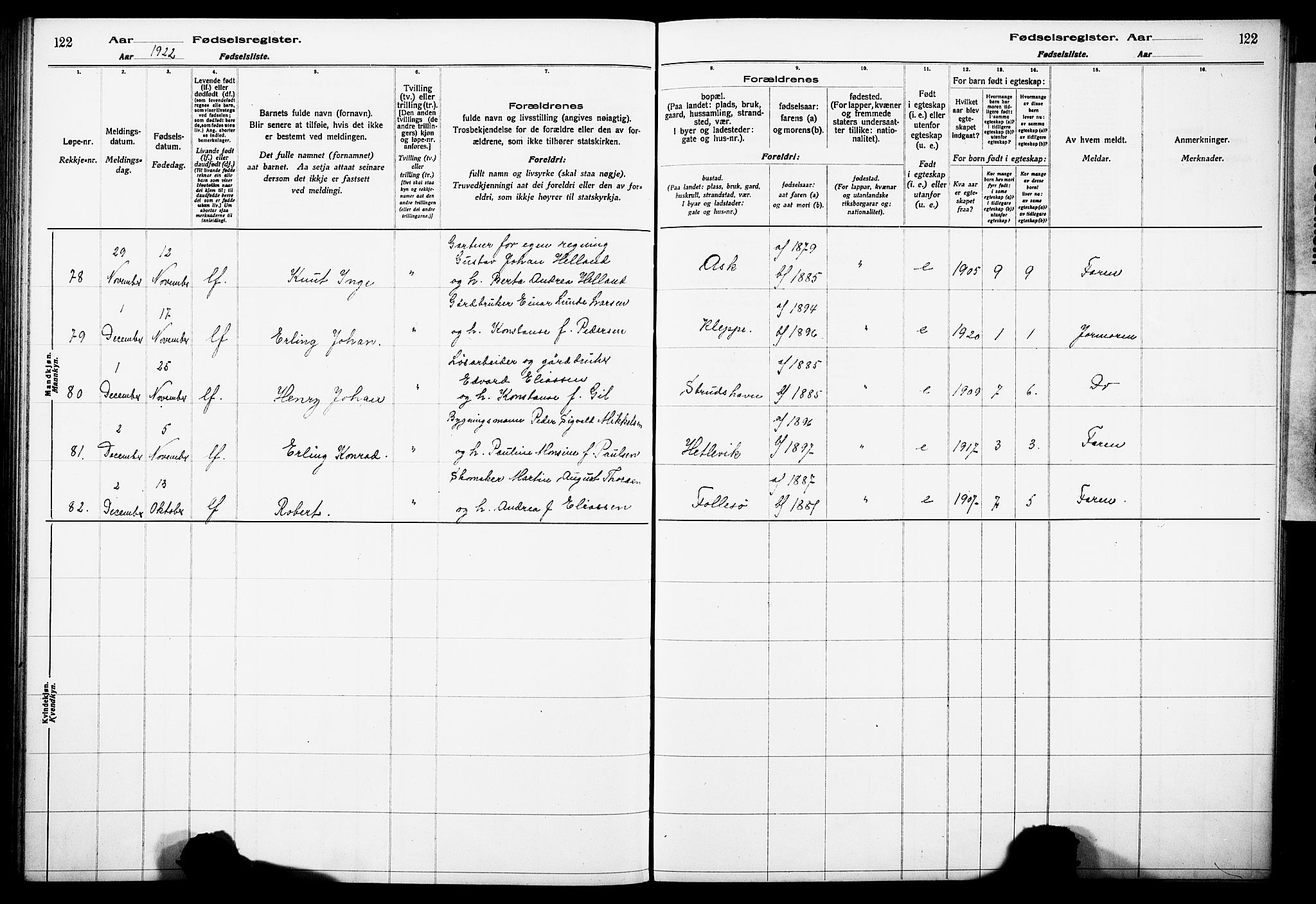 Askøy Sokneprestembete, AV/SAB-A-74101/I/Id/L00A1: Birth register no. A 1, 1916-1928, p. 122