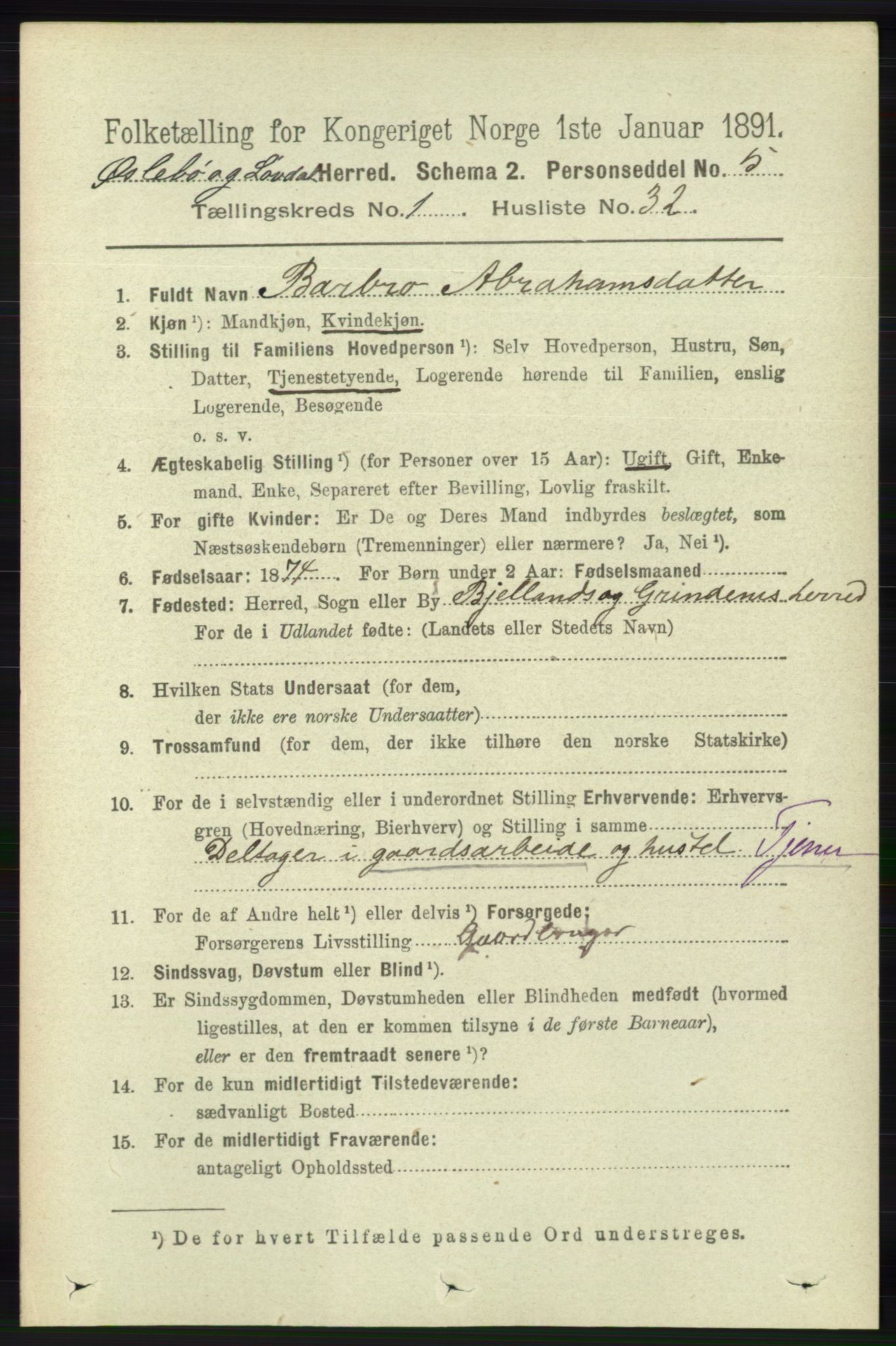 RA, 1891 census for 1021 Øyslebø og Laudal, 1891, p. 284