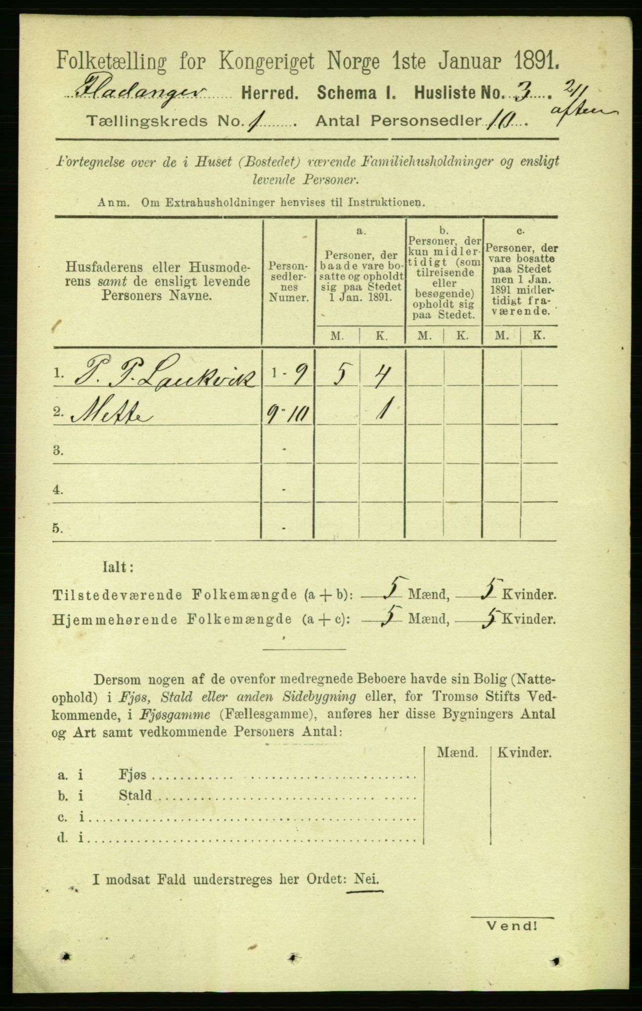 RA, 1891 census for 1749 Flatanger, 1891, p. 18