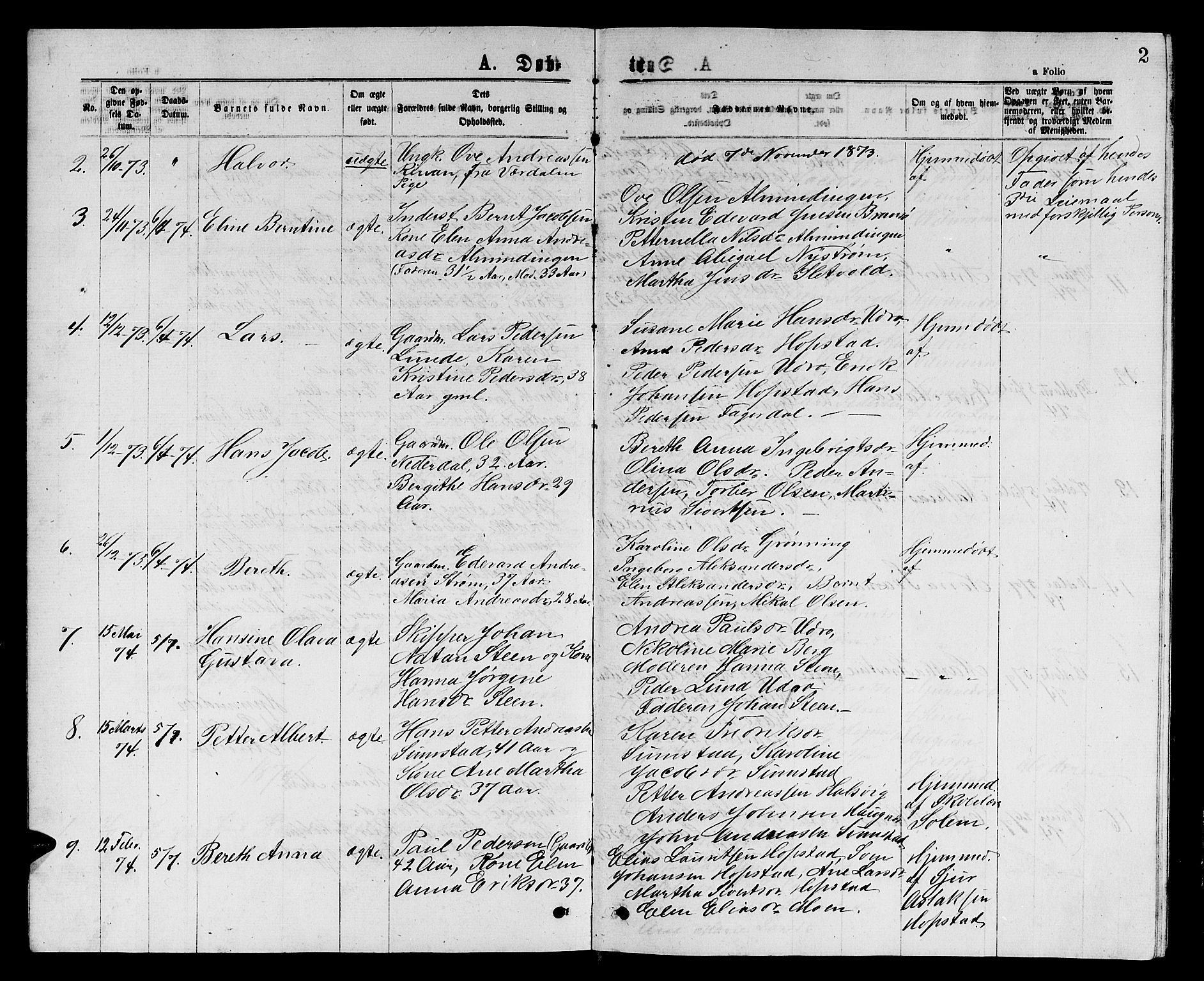 Ministerialprotokoller, klokkerbøker og fødselsregistre - Sør-Trøndelag, SAT/A-1456/657/L0715: Parish register (copy) no. 657C02, 1873-1888, p. 2