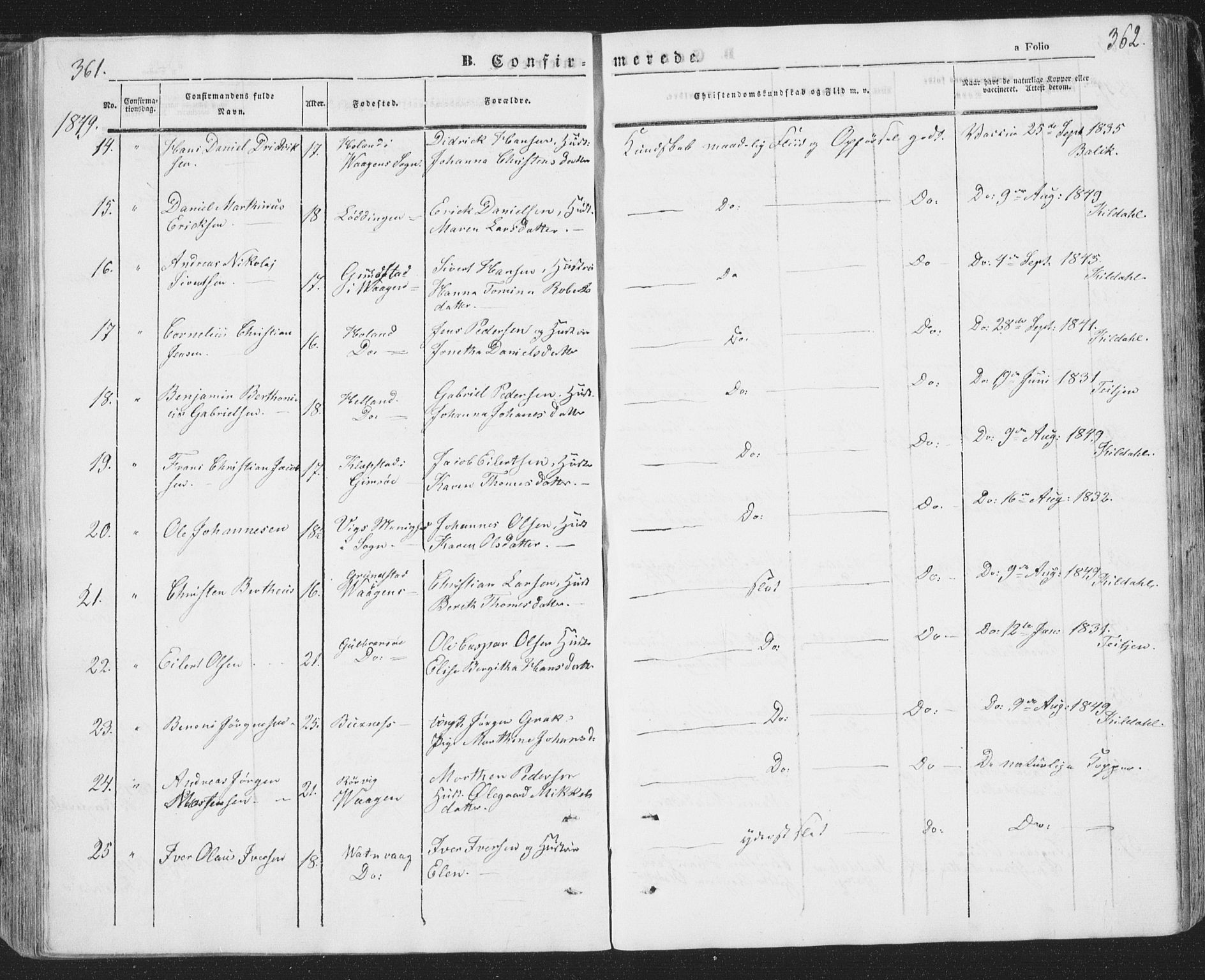 Ministerialprotokoller, klokkerbøker og fødselsregistre - Nordland, SAT/A-1459/874/L1072: Parish register (copy) no. 874C01, 1843-1859, p. 361-362