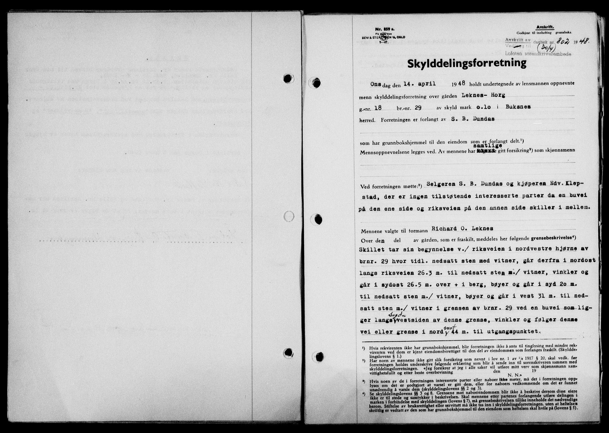 Lofoten sorenskriveri, SAT/A-0017/1/2/2C/L0018a: Mortgage book no. 18a, 1948-1948, Diary no: : 802/1948