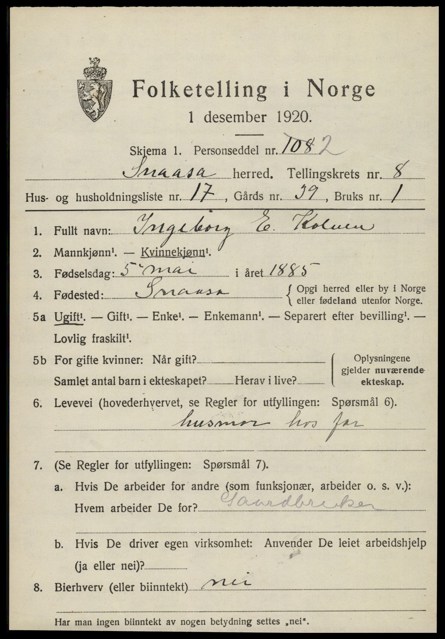 SAT, 1920 census for Snåsa, 1920, p. 3382
