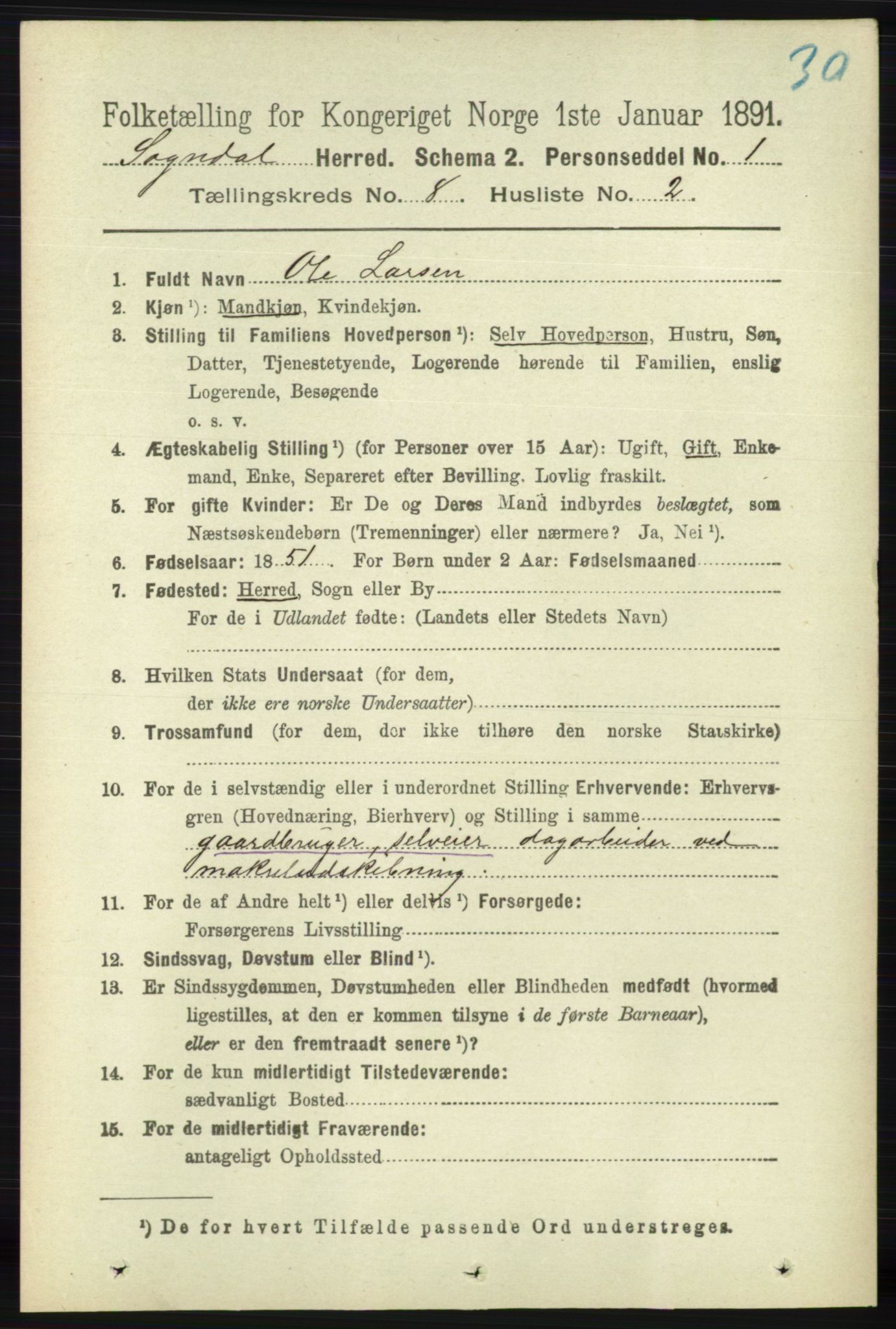 RA, 1891 census for 1111 Sokndal, 1891, p. 2694