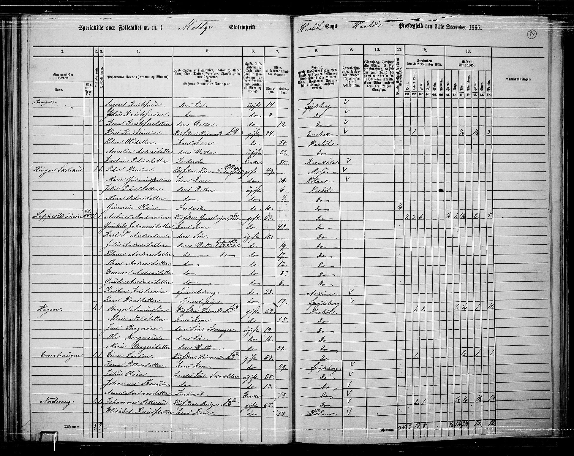 RA, 1865 census for Hobøl, 1865, p. 70