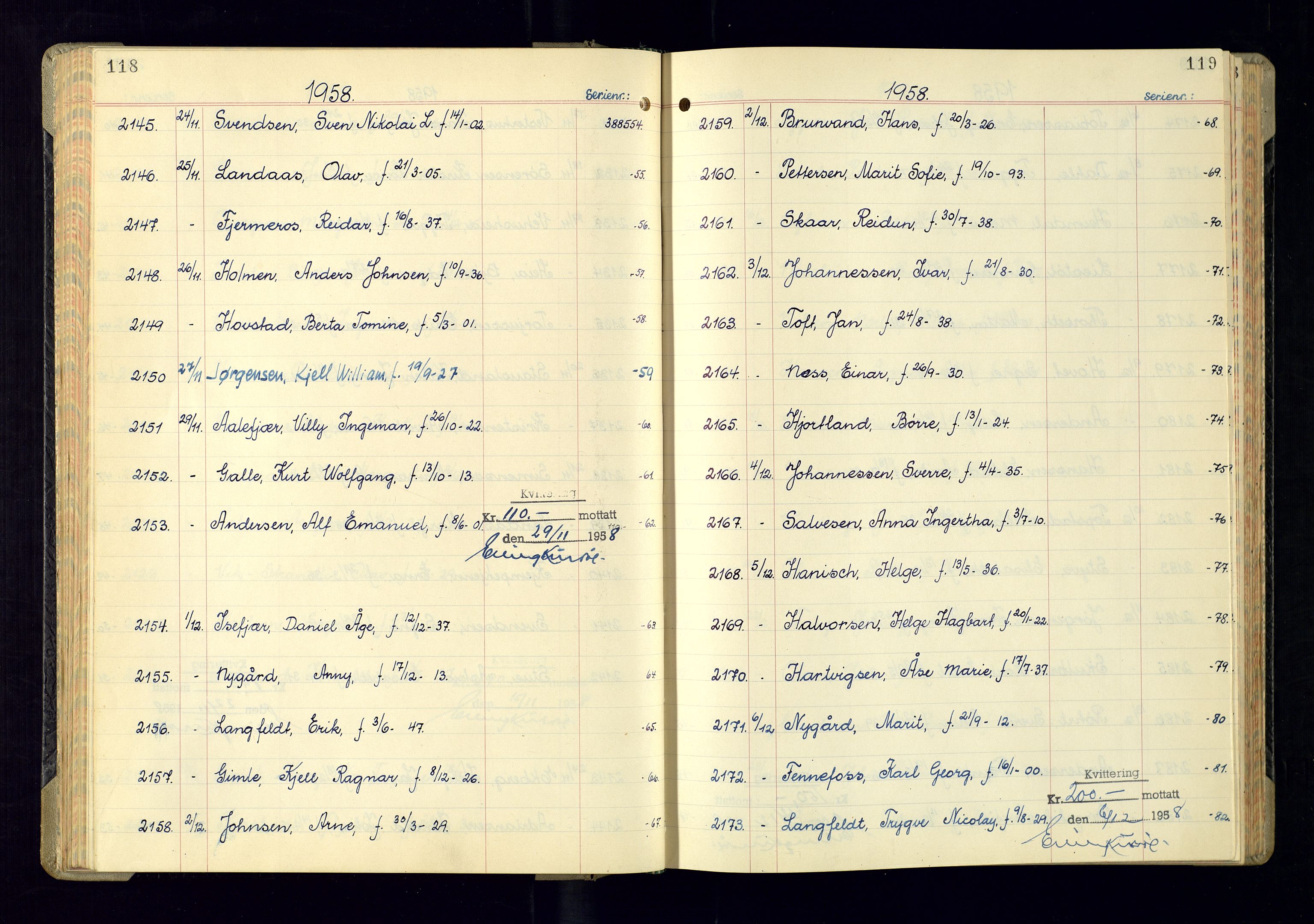 Kristiansand politikammer - 2, AV/SAK-1243-0009/K/Ka/Kaa/L0614: Passprotokoll, liste med løpenumre, 1958-1962, p. 118-119