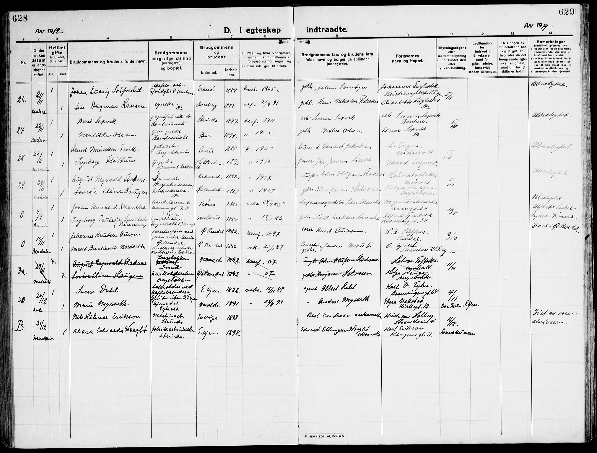 Ministerialprotokoller, klokkerbøker og fødselsregistre - Sør-Trøndelag, SAT/A-1456/607/L0321: Parish register (official) no. 607A05, 1916-1935, p. 628-629