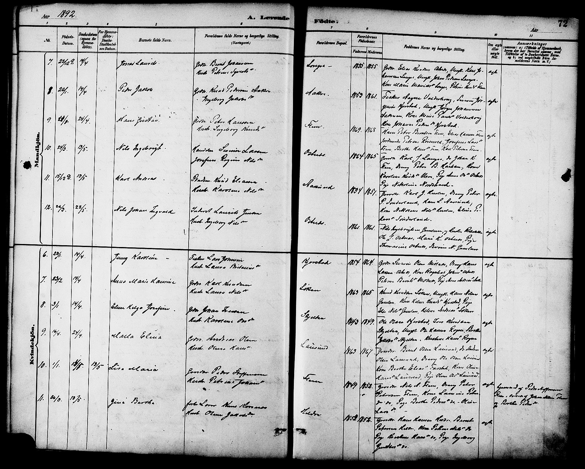 Ministerialprotokoller, klokkerbøker og fødselsregistre - Møre og Romsdal, AV/SAT-A-1454/536/L0501: Parish register (official) no. 536A10, 1884-1896, p. 72