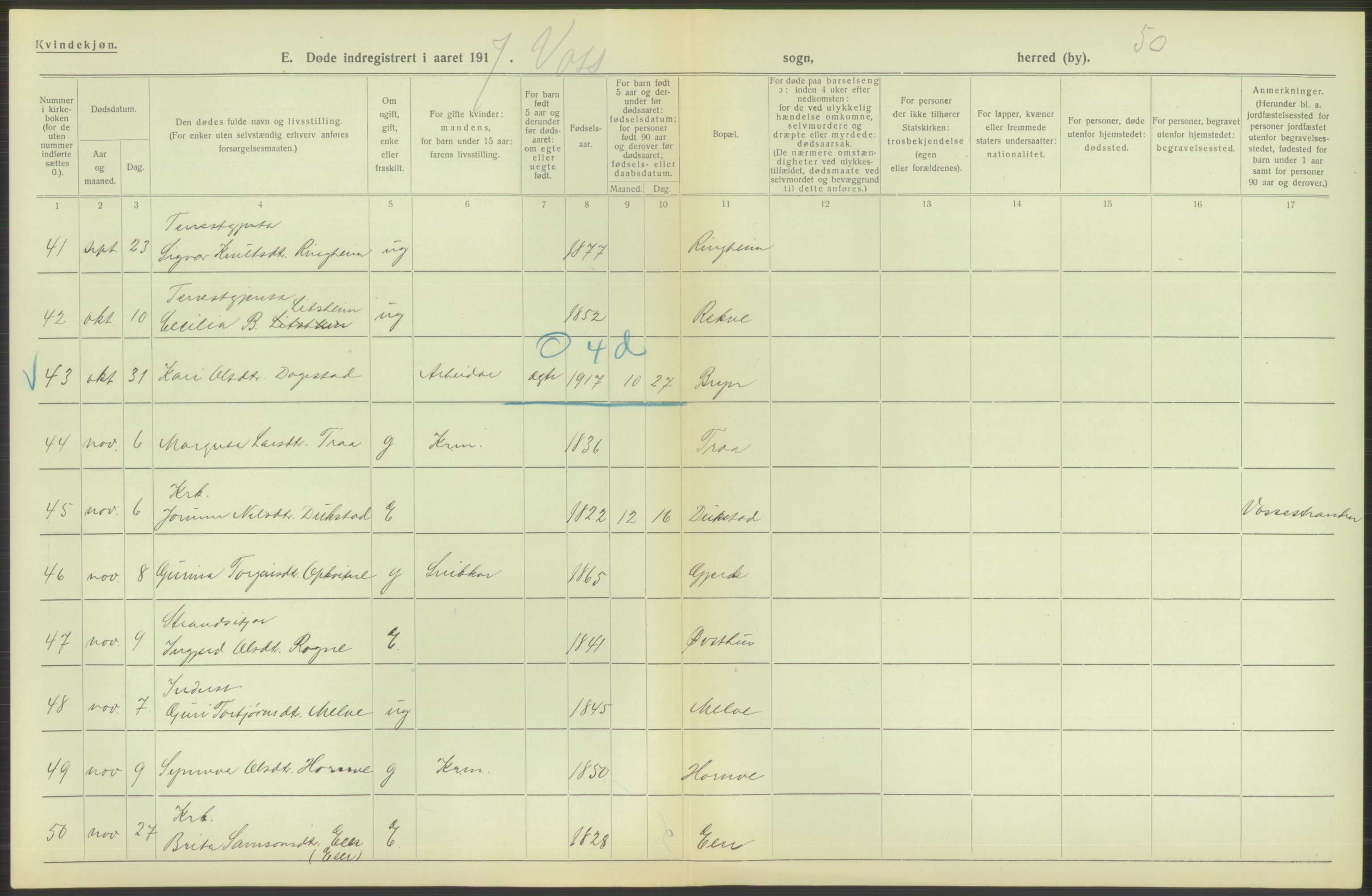 Statistisk sentralbyrå, Sosiodemografiske emner, Befolkning, RA/S-2228/D/Df/Dfb/Dfbg/L0036: S. Bergenhus amt: Døde, dødfødte. Bygder., 1917, p. 436