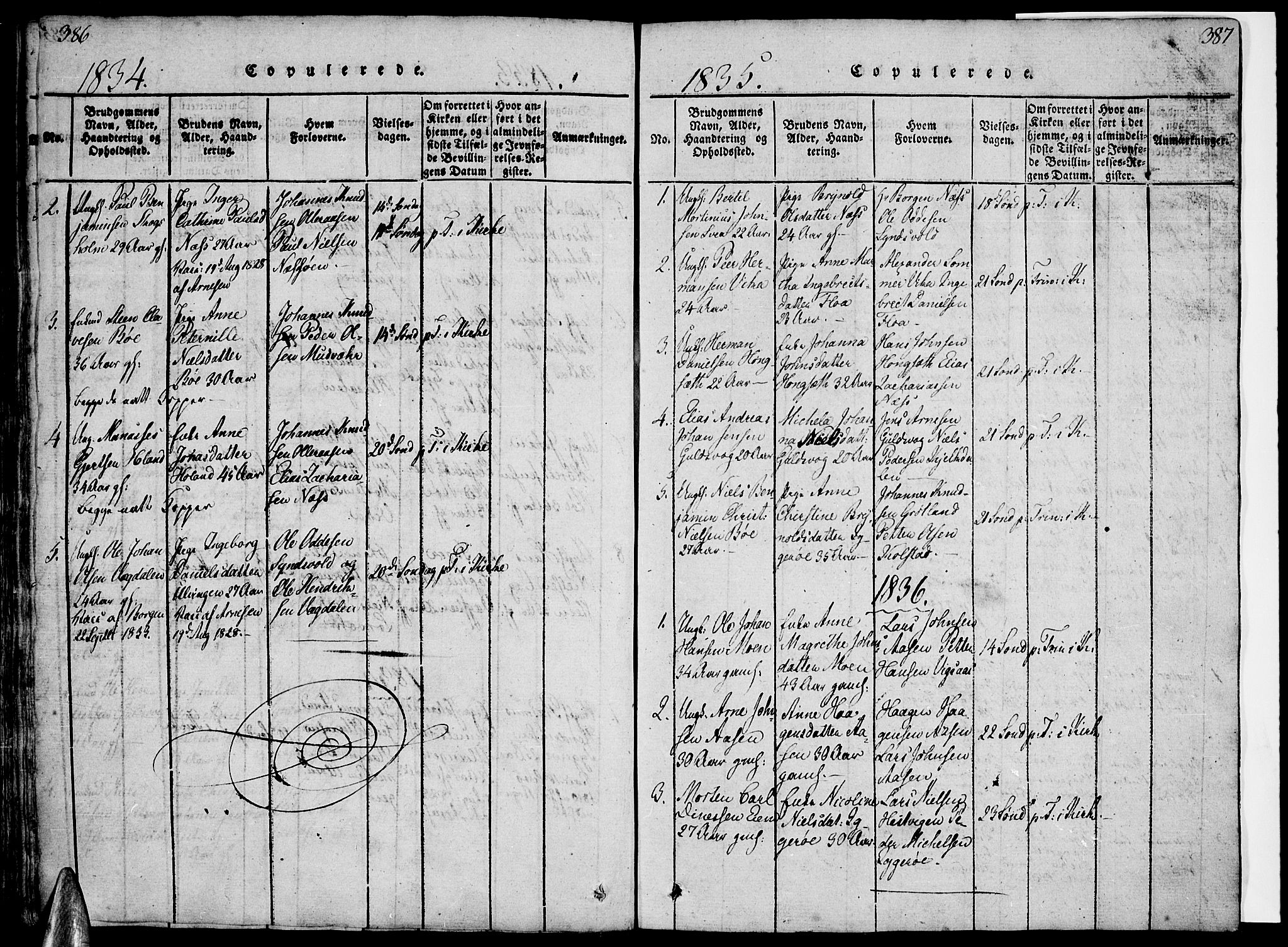 Ministerialprotokoller, klokkerbøker og fødselsregistre - Nordland, AV/SAT-A-1459/816/L0239: Parish register (official) no. 816A05, 1820-1845, p. 386-387