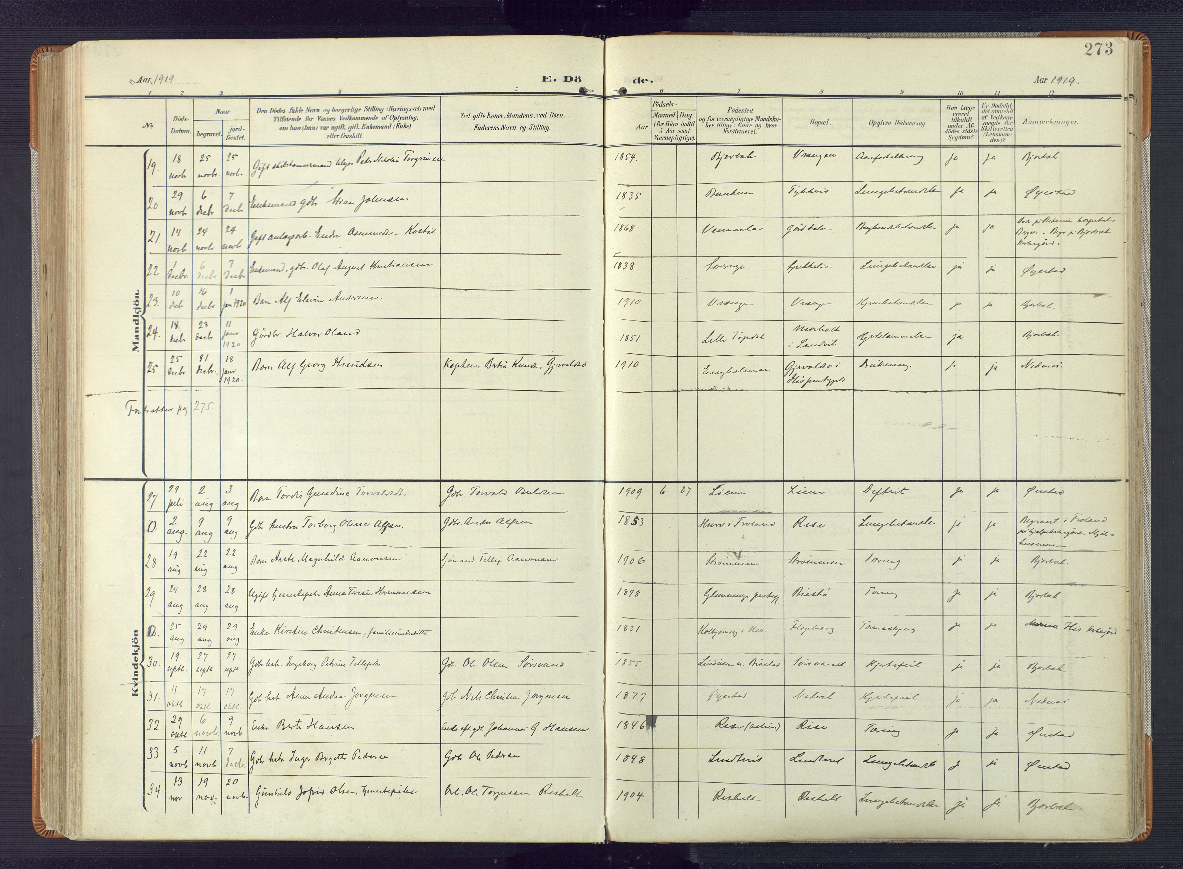 Øyestad sokneprestkontor, AV/SAK-1111-0049/F/Fa/L0019: Parish register (official) no. A 19, 1908-1922, p. 273