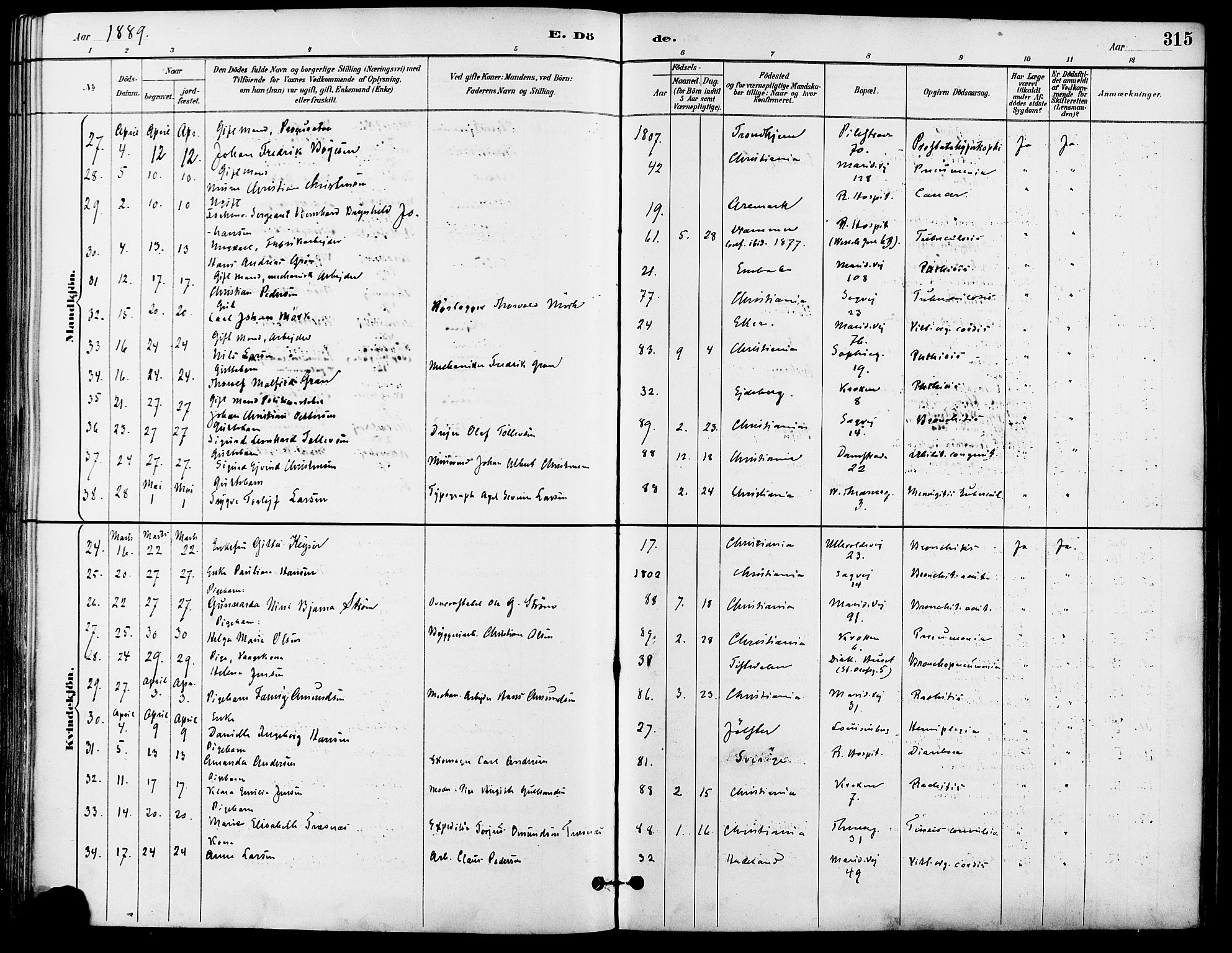 Gamle Aker prestekontor Kirkebøker, AV/SAO-A-10617a/F/L0008: Parish register (official) no. 8, 1887-1896, p. 315