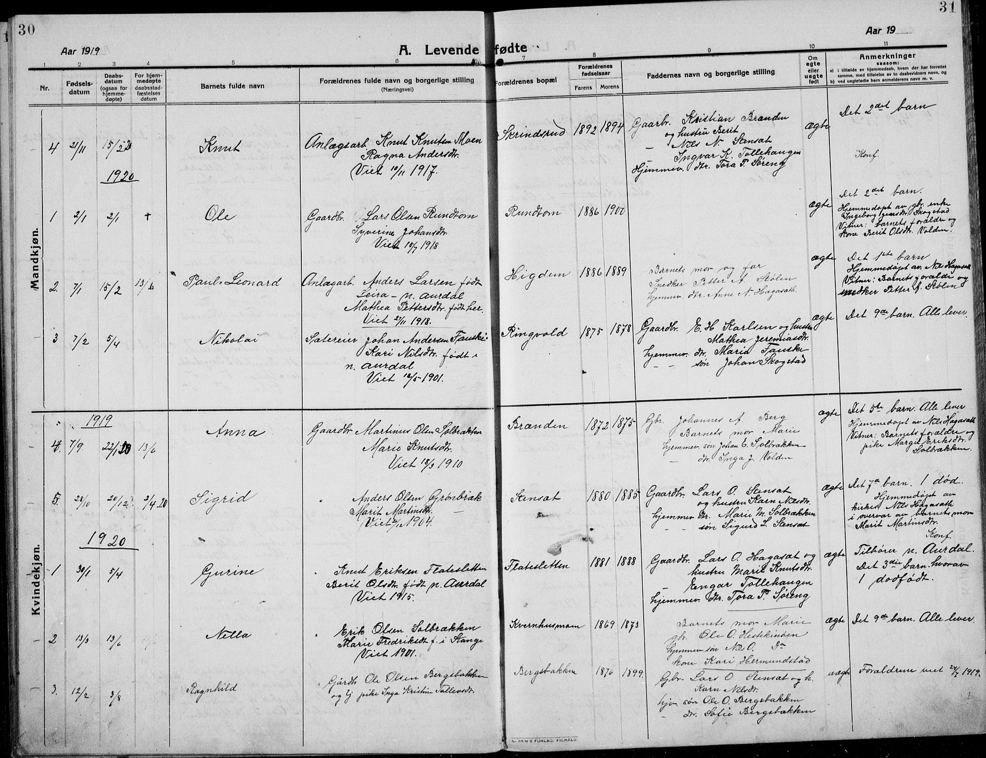 Etnedal prestekontor, SAH/PREST-130/H/Ha/Hab/Habb/L0002: Parish register (copy) no. II 2, 1912-1934, p. 30-31