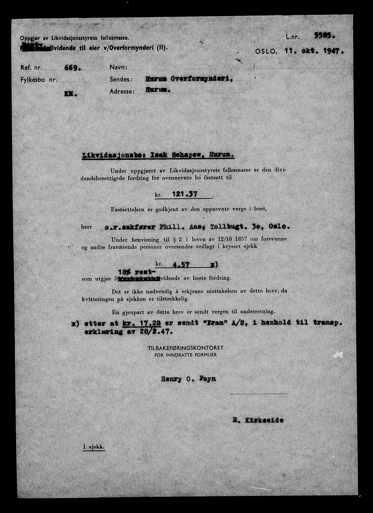 Justisdepartementet, Tilbakeføringskontoret for inndratte formuer, RA/S-1564/H/Hc/Hcd/L1005: --, 1945-1947, p. 266