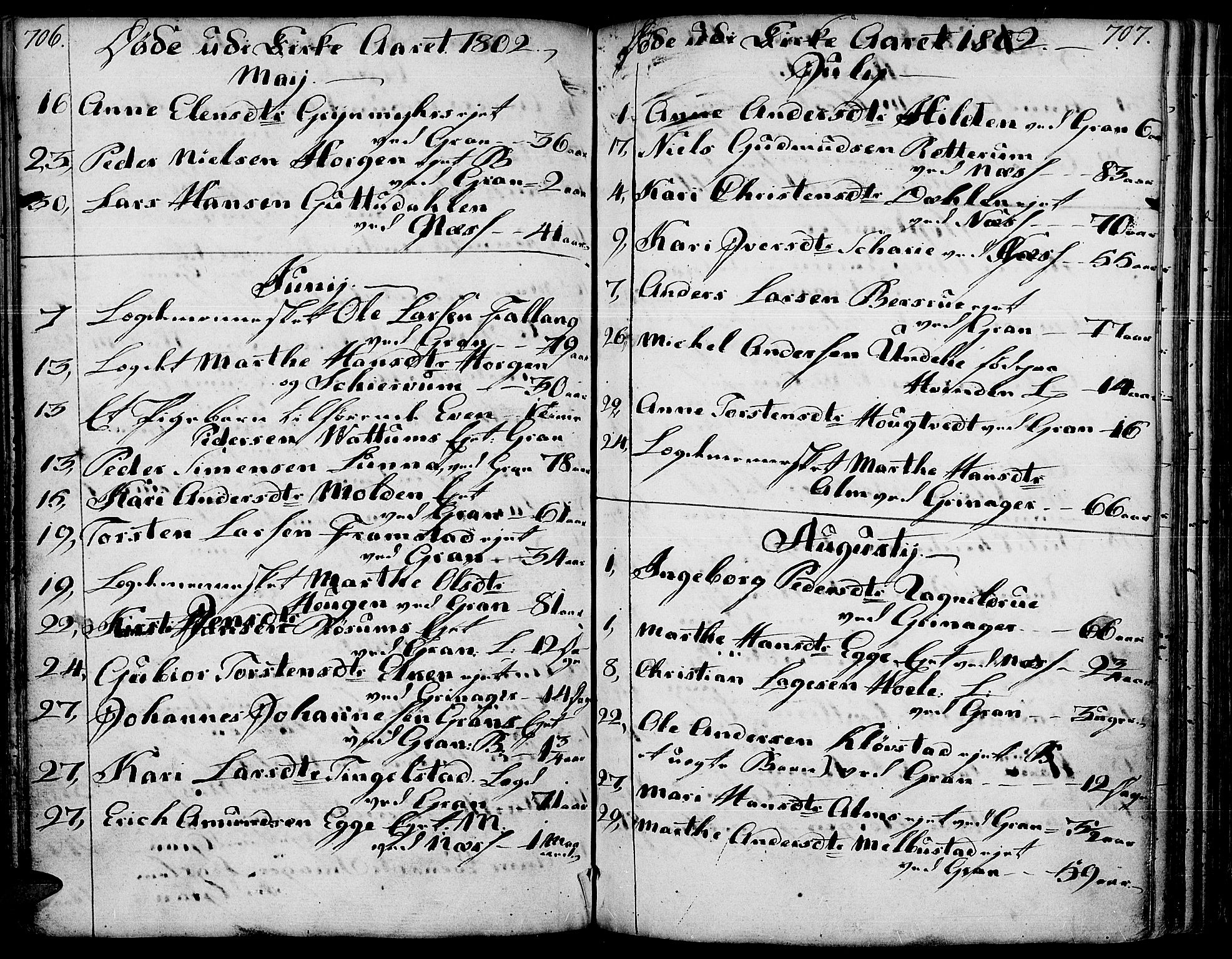 Gran prestekontor, AV/SAH-PREST-112/H/Ha/Haa/L0006: Parish register (official) no. 6, 1787-1824, p. 706-707