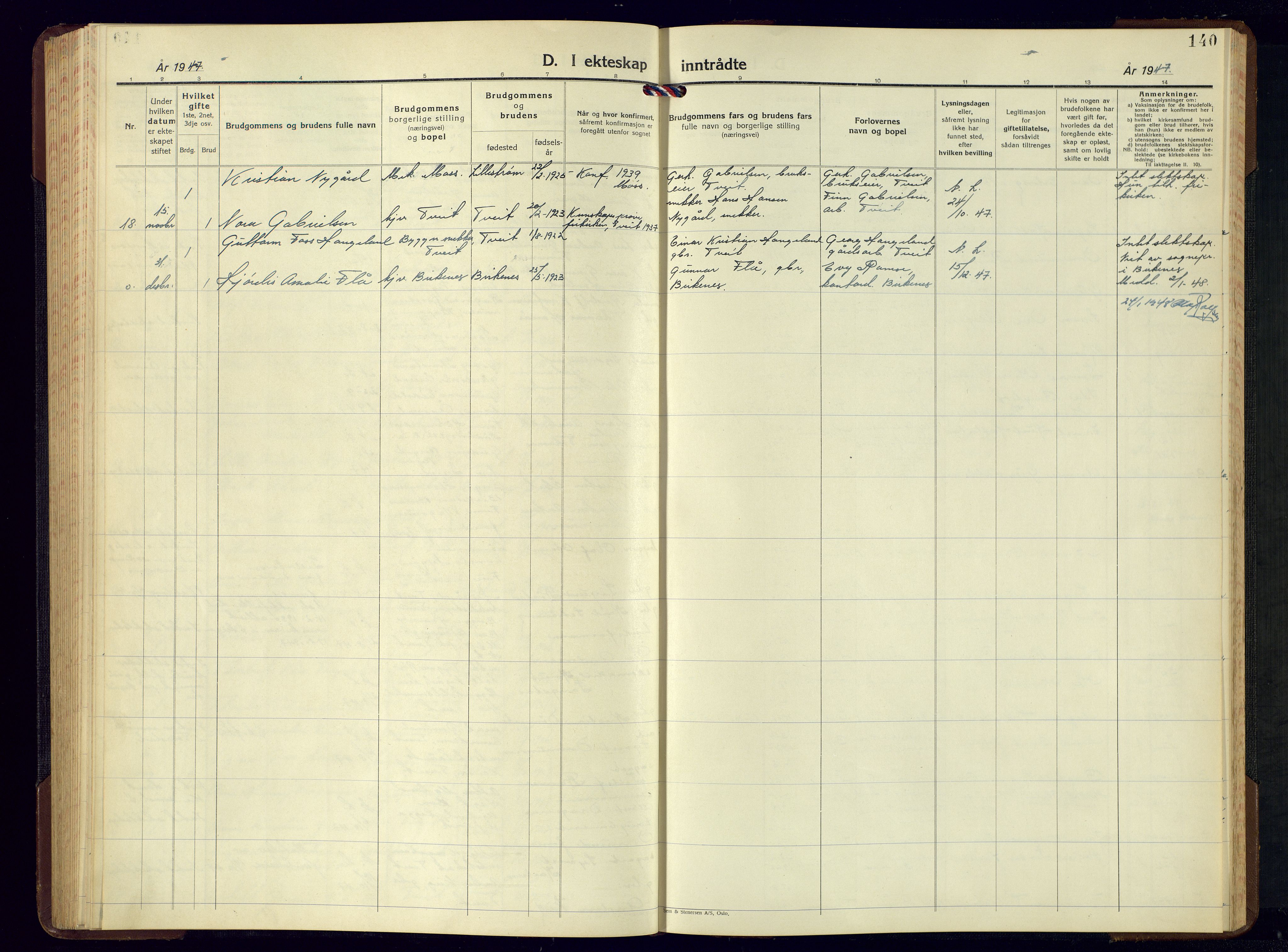 Tveit sokneprestkontor, AV/SAK-1111-0043/F/Fb/L0006: Parish register (copy) no. B-6, 1941-1962, p. 140