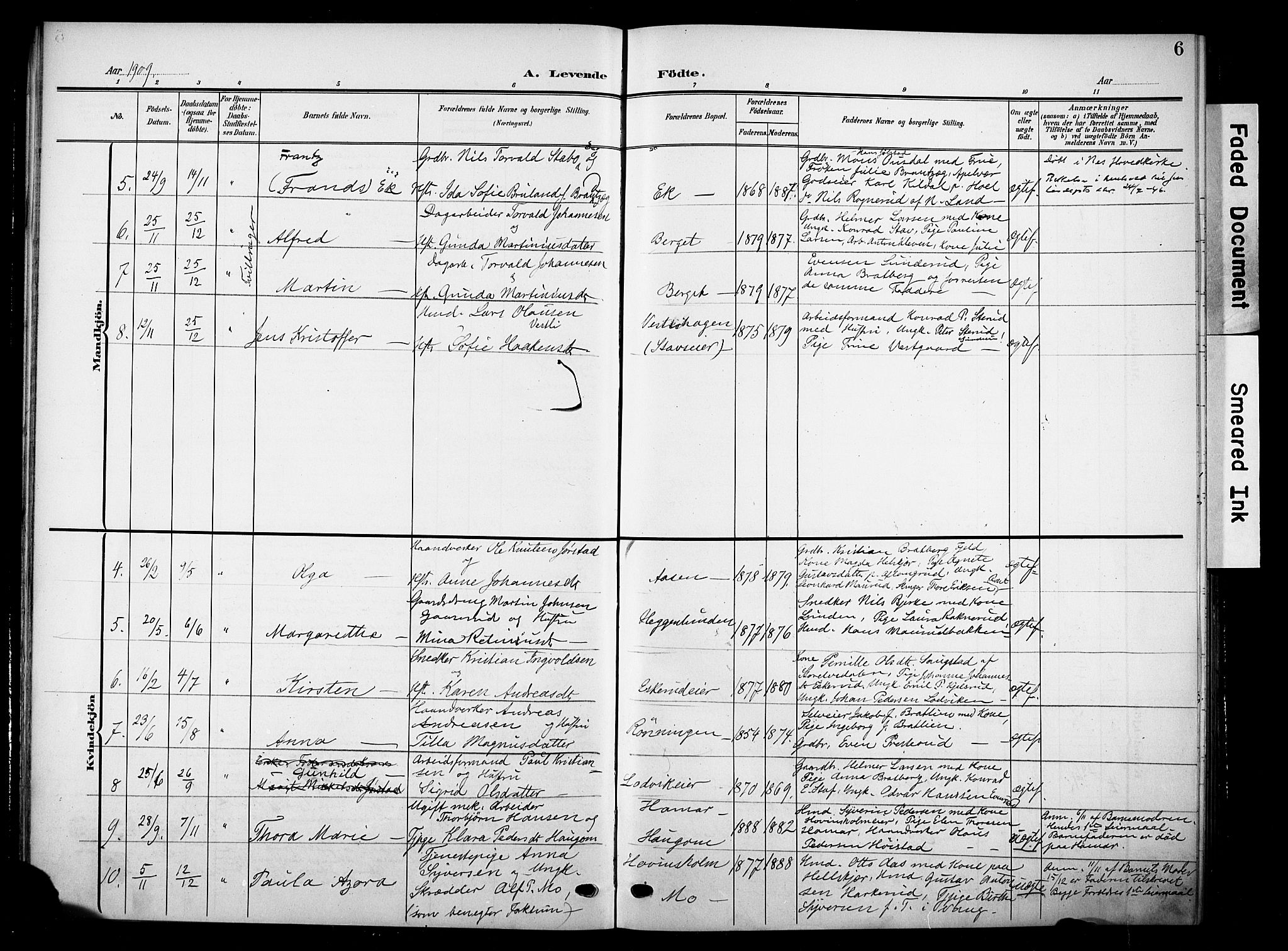 Nes prestekontor, Hedmark, SAH/PREST-020/K/Ka/L0012: Parish register (official) no. 12, 1906-1920, p. 6