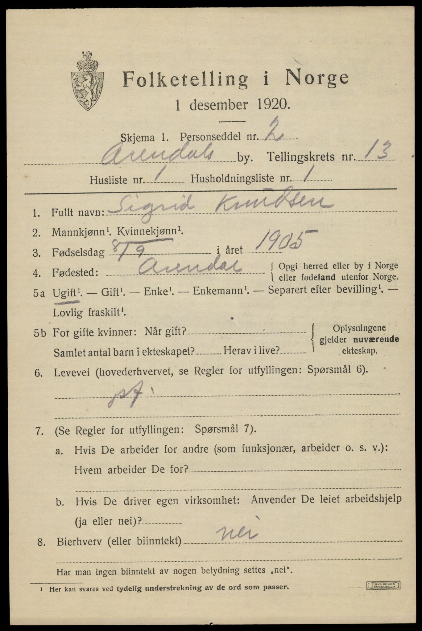 SAK, 1920 census for Arendal, 1920, p. 20262