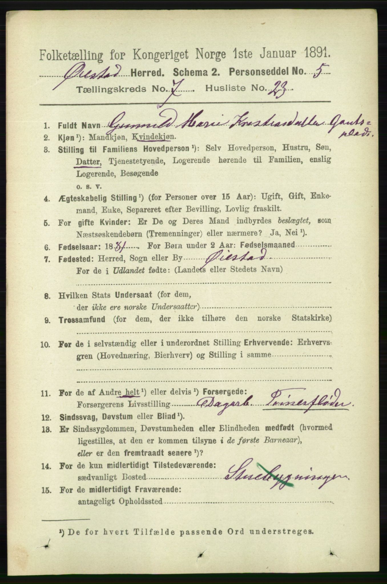 RA, 1891 census for 0920 Øyestad, 1891, p. 2794