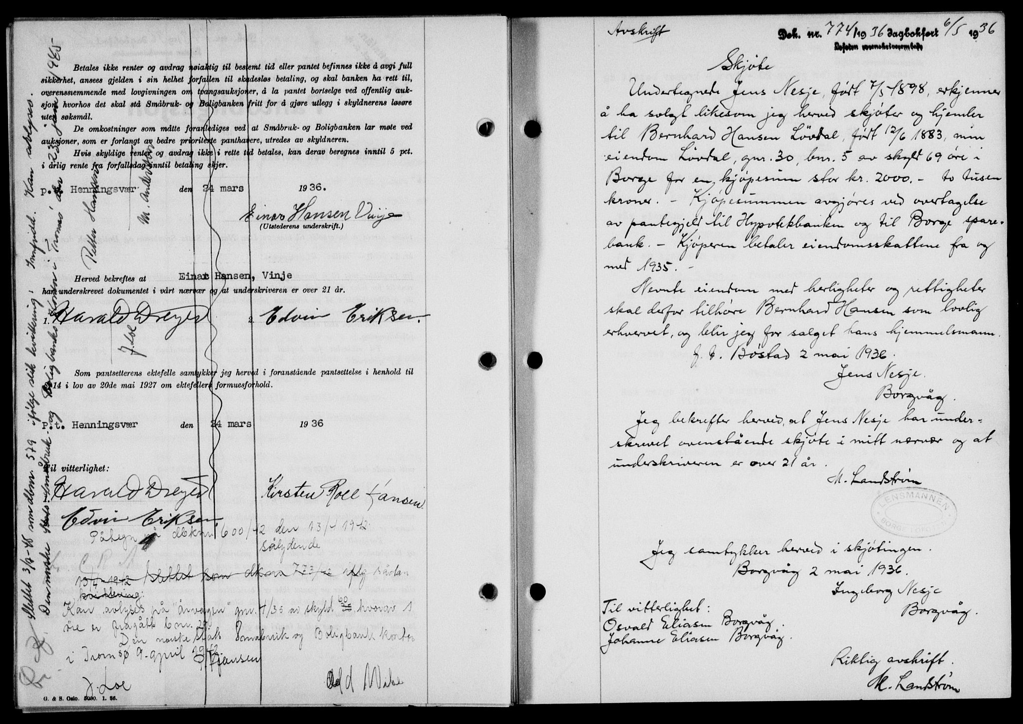 Lofoten sorenskriveri, SAT/A-0017/1/2/2C/L0033b: Mortgage book no. 33b, 1936-1936, Diary no: : 774/1936