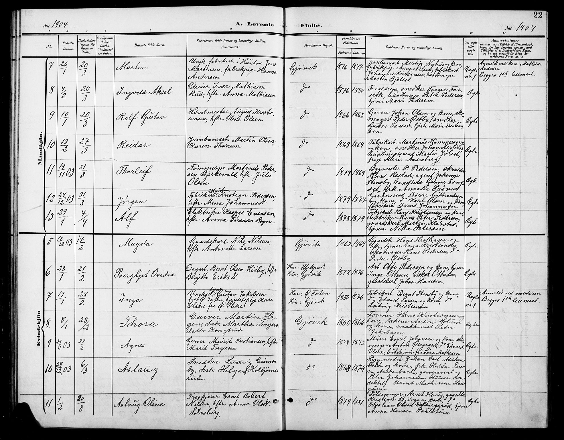 Vardal prestekontor, SAH/PREST-100/H/Ha/Hab/L0012: Parish register (copy) no. 12, 1902-1911, p. 22