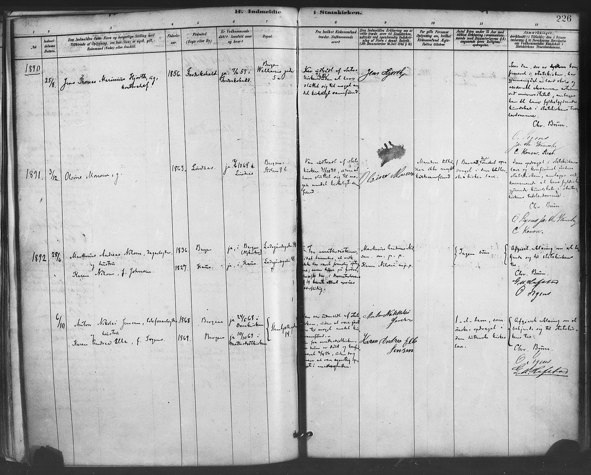 Mariakirken Sokneprestembete, SAB/A-76901/H/Haa/L0007: Parish register (official) no. A 7, 1878-1893, p. 226