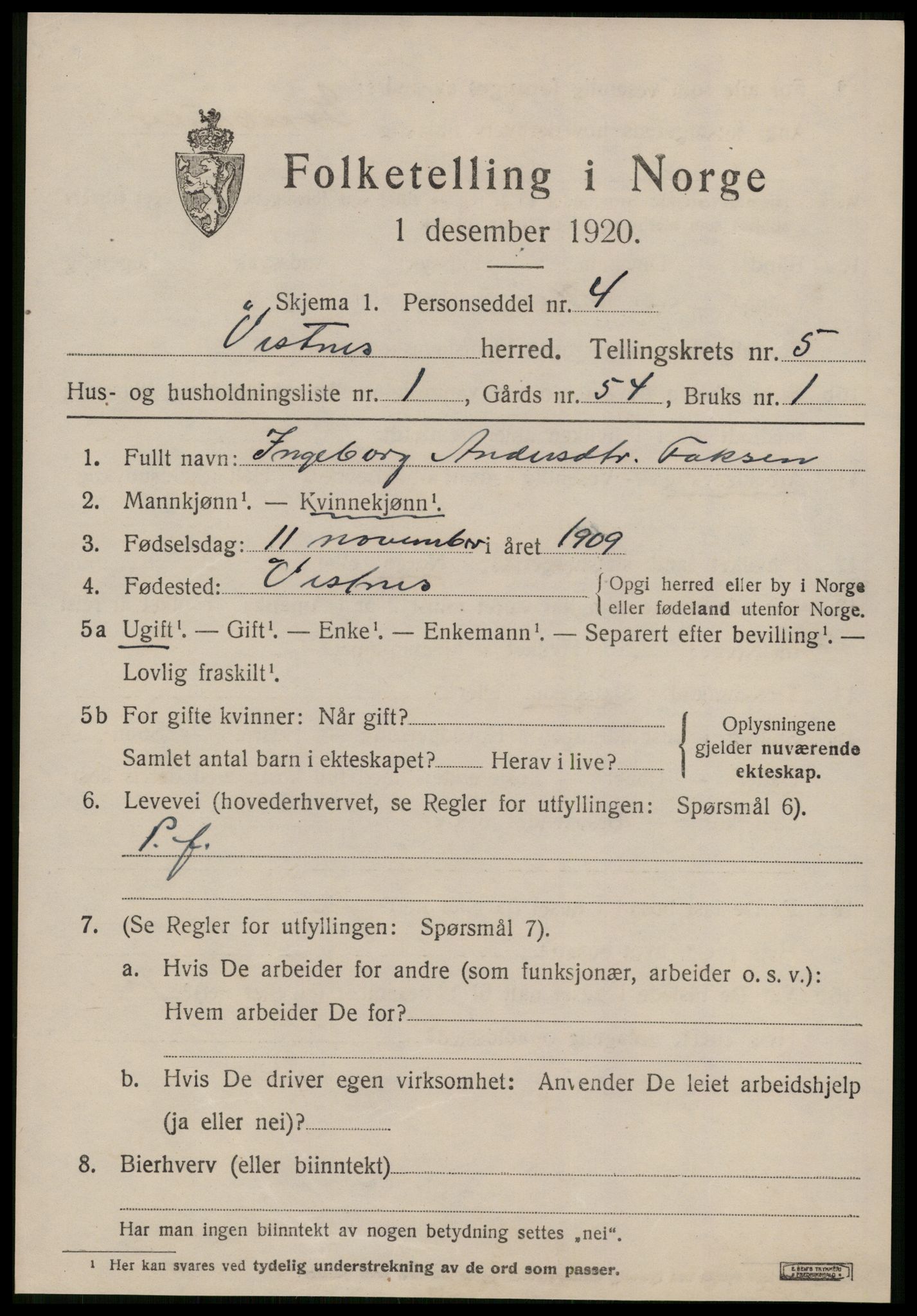 SAT, 1920 census for Vestnes, 1920, p. 3935