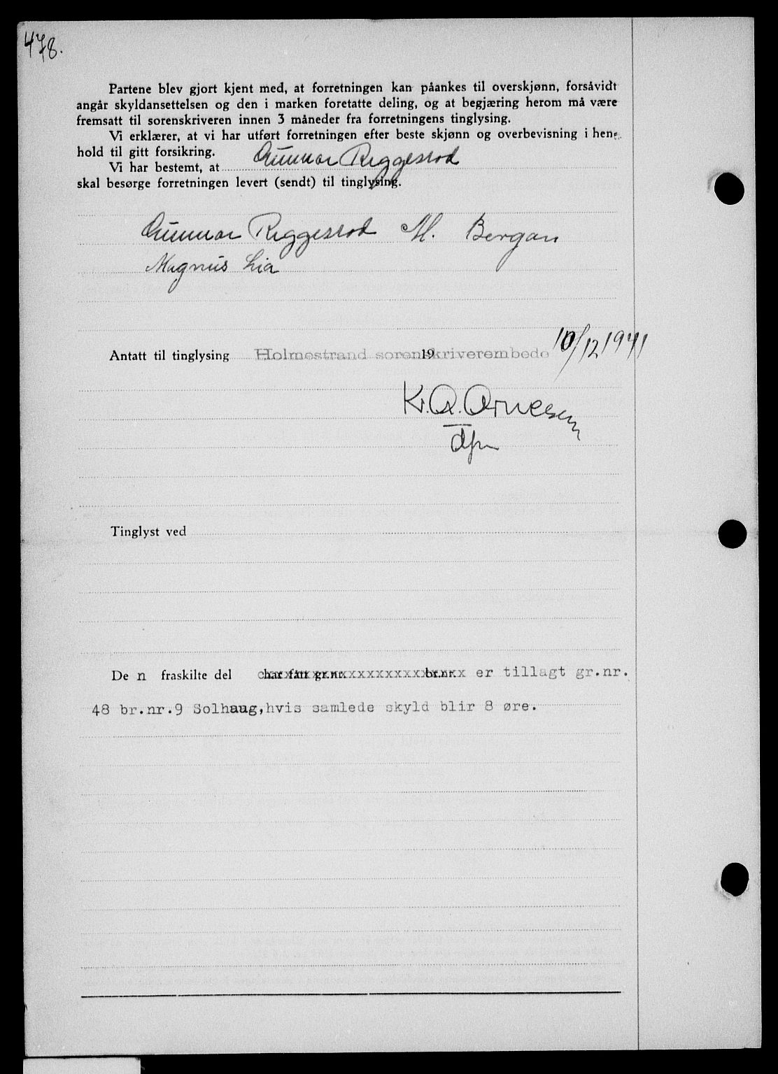 Holmestrand sorenskriveri, SAKO/A-67/G/Ga/Gaa/L0054: Mortgage book no. A-54, 1941-1942, Diary no: : 1991/1941