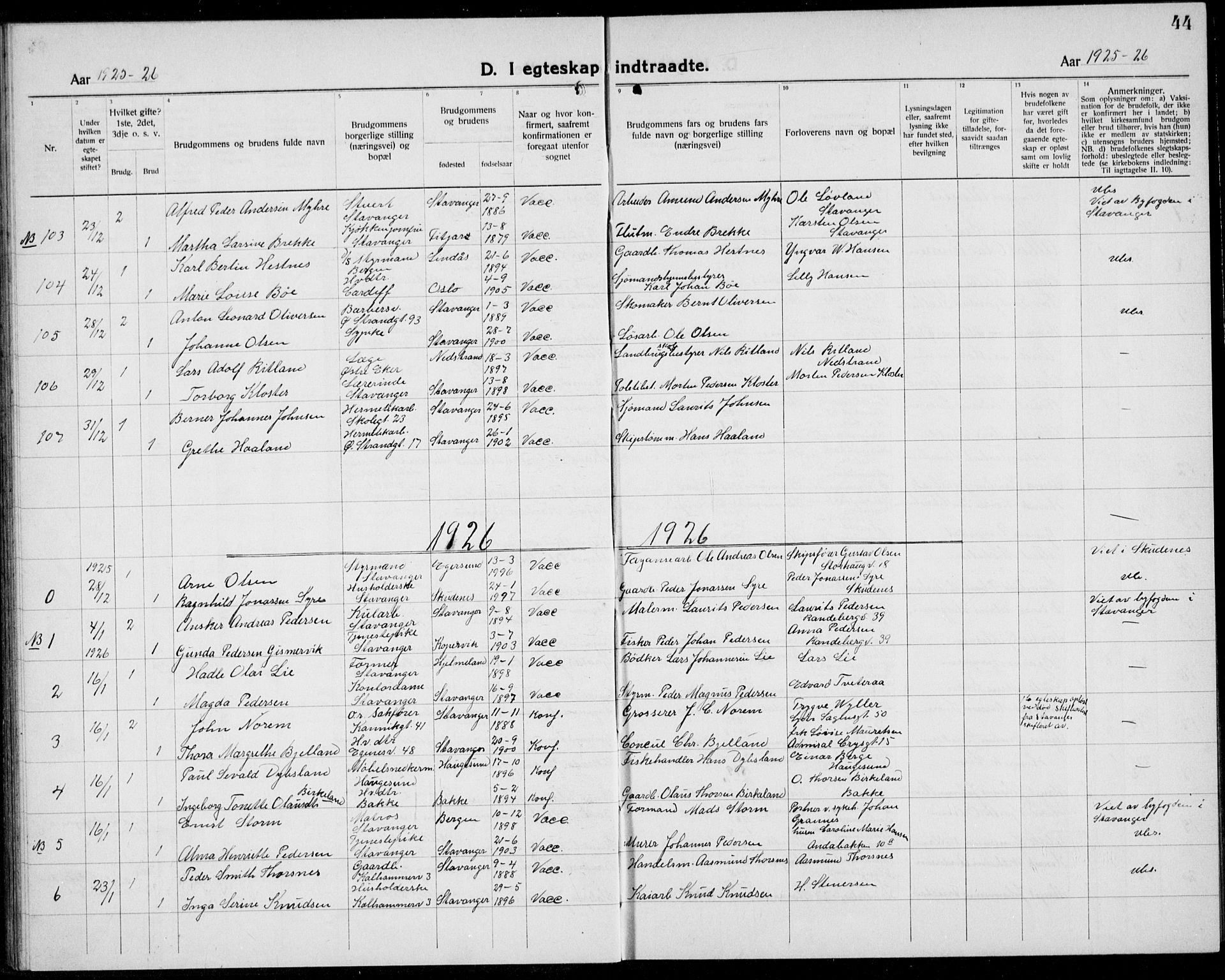 Domkirken sokneprestkontor, AV/SAST-A-101812/001/30/30BB/L0020: Parish register (copy) no. B 20, 1921-1937, p. 44