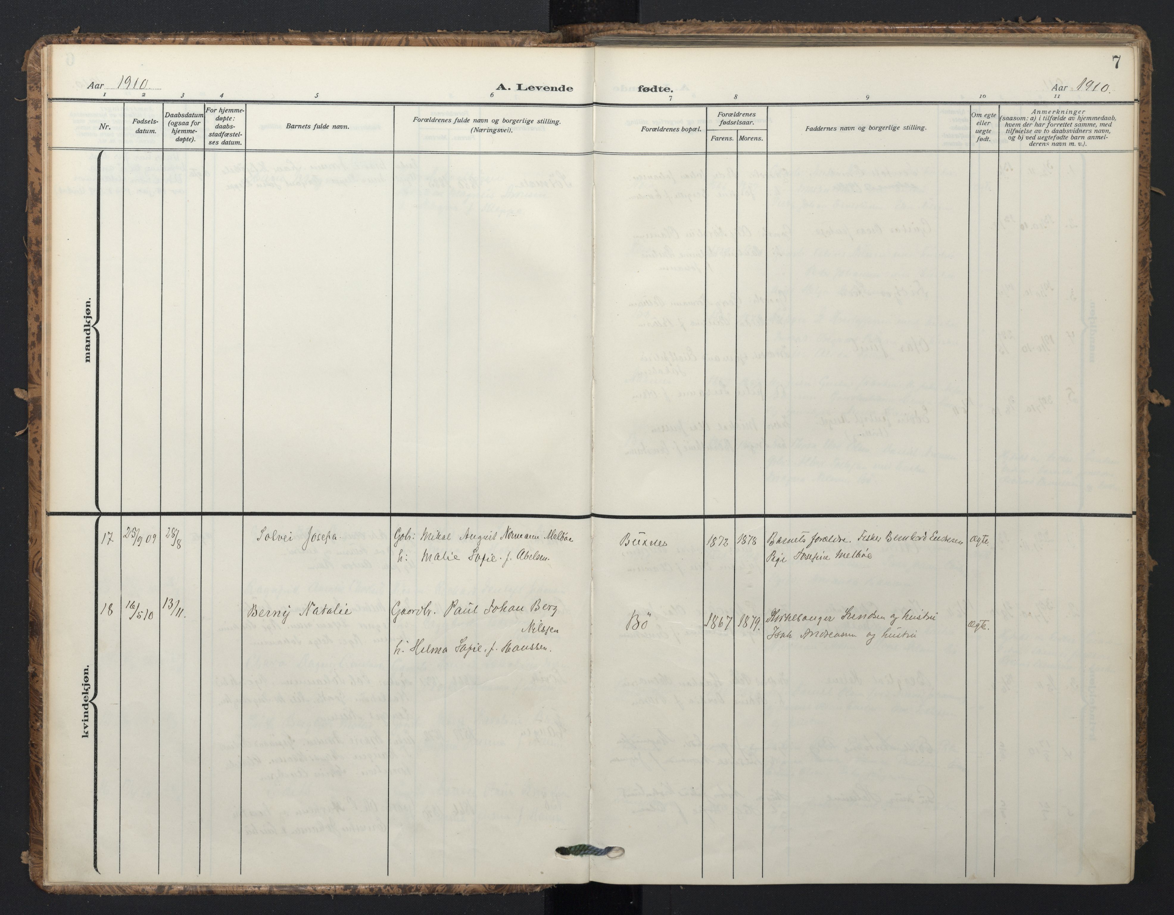 Ministerialprotokoller, klokkerbøker og fødselsregistre - Nordland, AV/SAT-A-1459/898/L1423: Parish register (official) no. 898A03, 1909-1928, p. 7