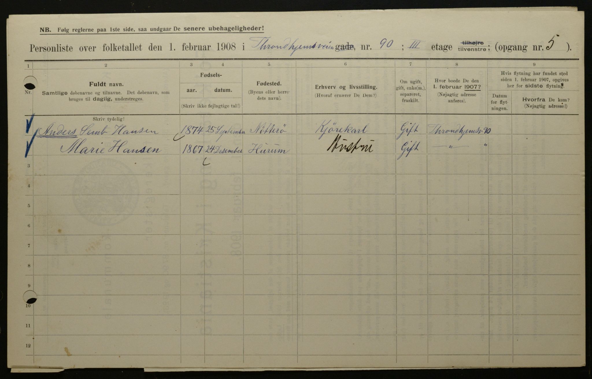 OBA, Municipal Census 1908 for Kristiania, 1908, p. 105474