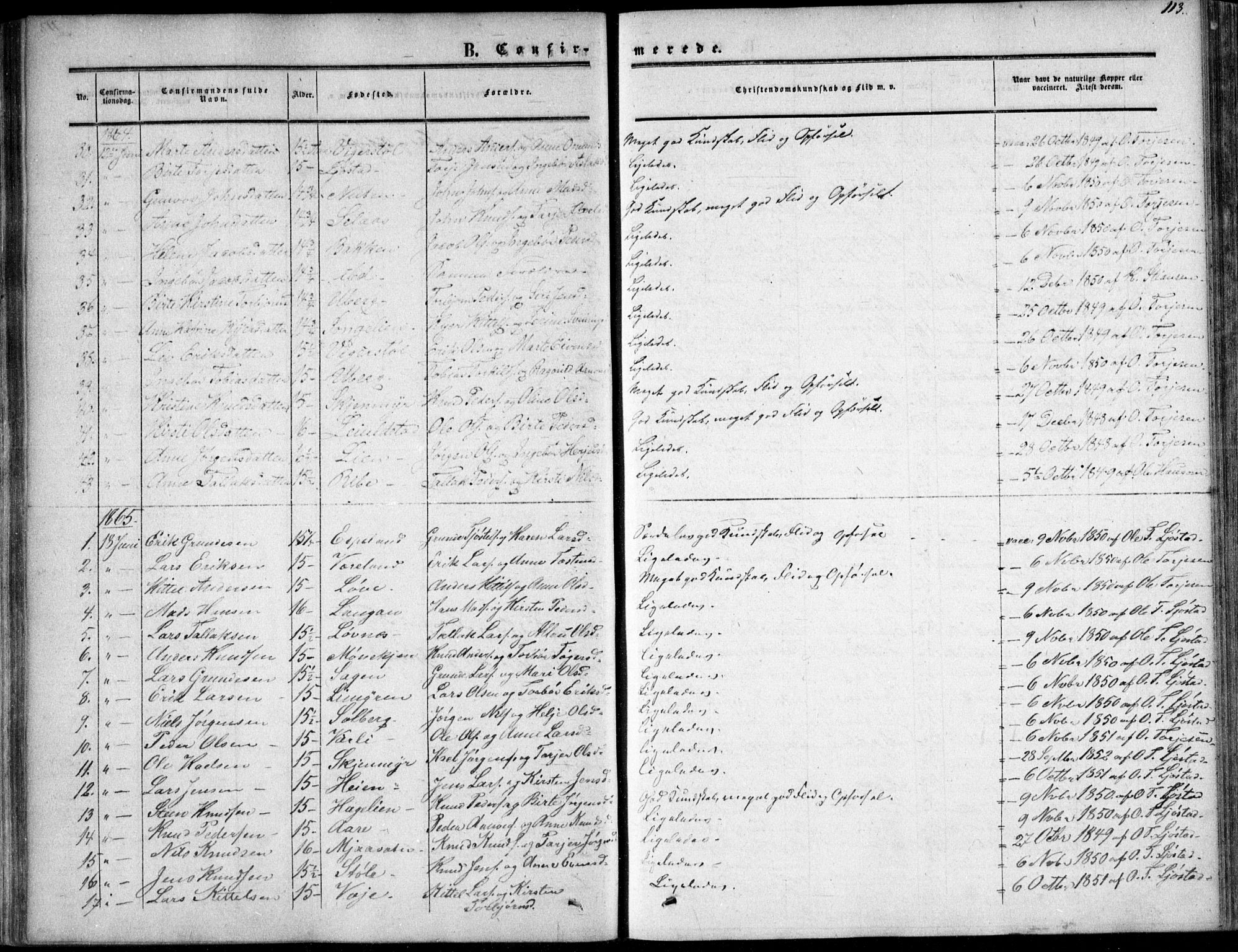 Gjerstad sokneprestkontor, SAK/1111-0014/F/Fa/Fab/L0003: Parish register (official) no. A 3, 1853-1878, p. 113