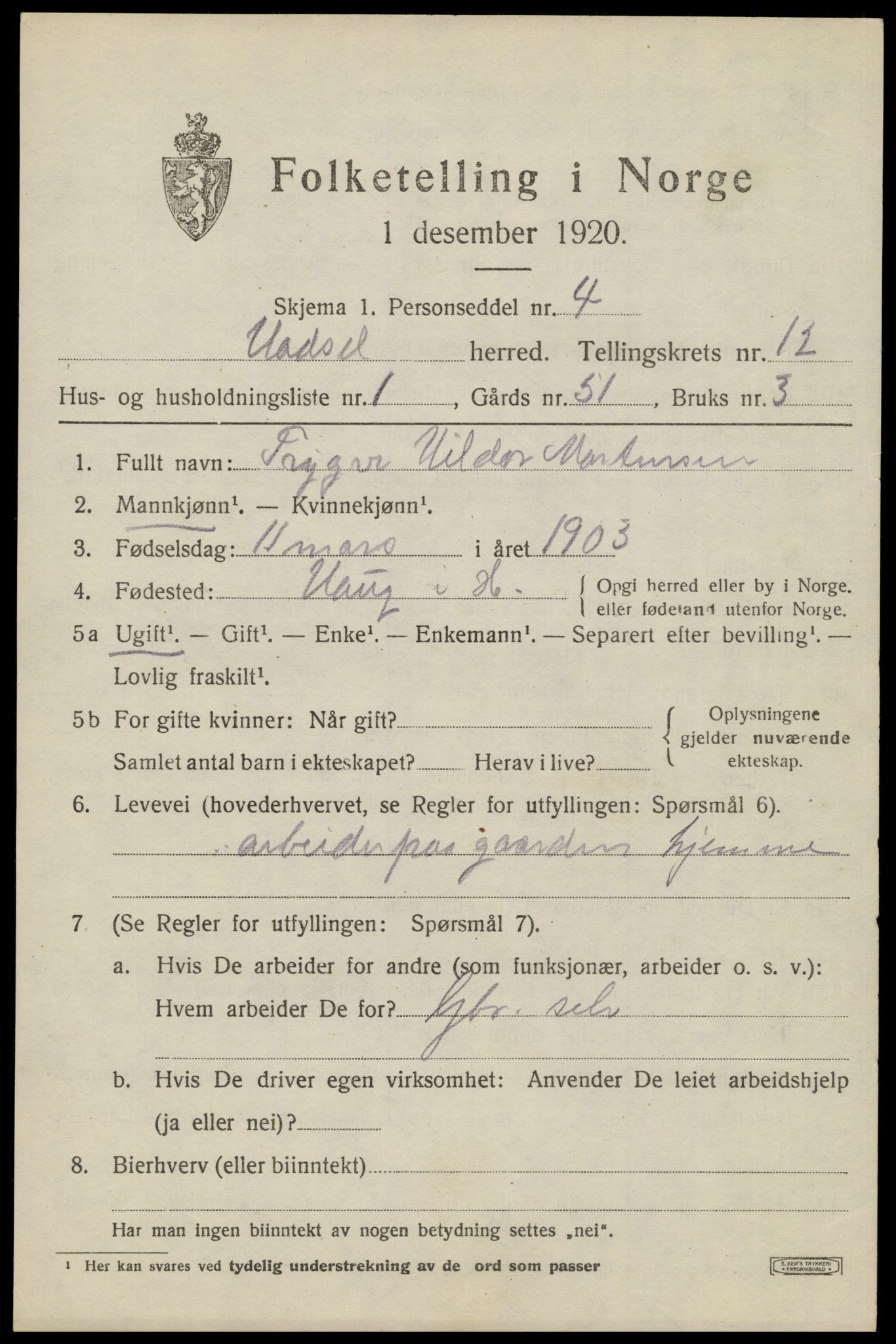 SAT, 1920 census for Hadsel, 1920, p. 9088