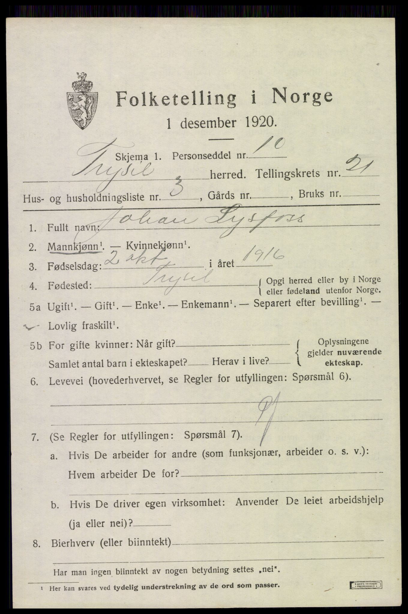 SAH, 1920 census for Trysil, 1920, p. 13788