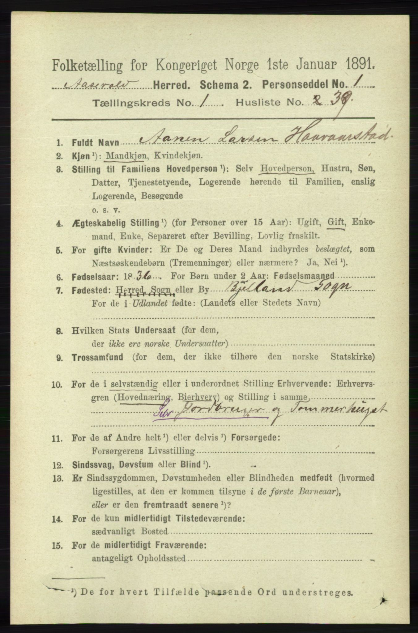 RA, 1891 census for 1026 Åseral, 1891, p. 318