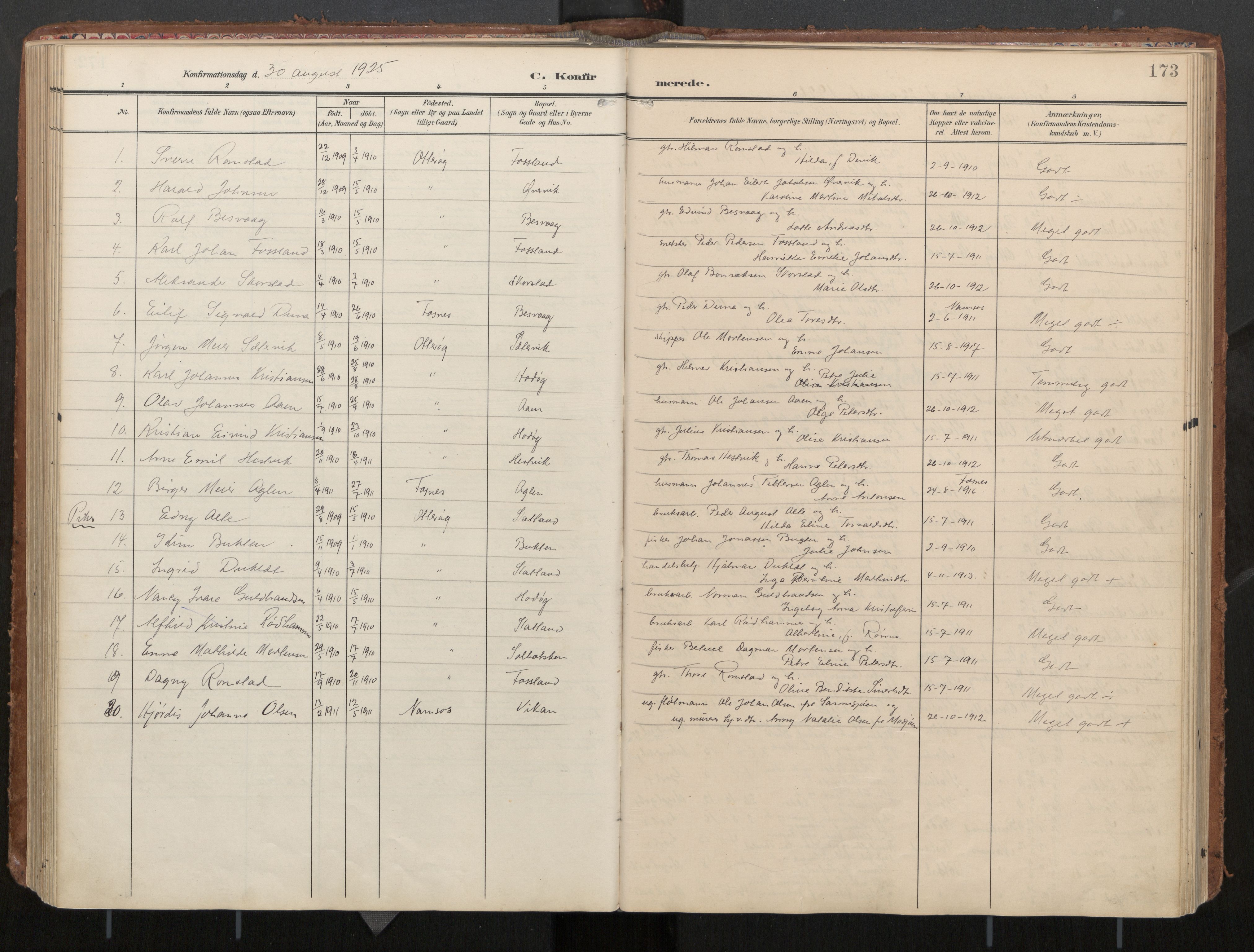 Ministerialprotokoller, klokkerbøker og fødselsregistre - Nord-Trøndelag, AV/SAT-A-1458/774/L0629: Parish register (official), 1904-1926, p. 173