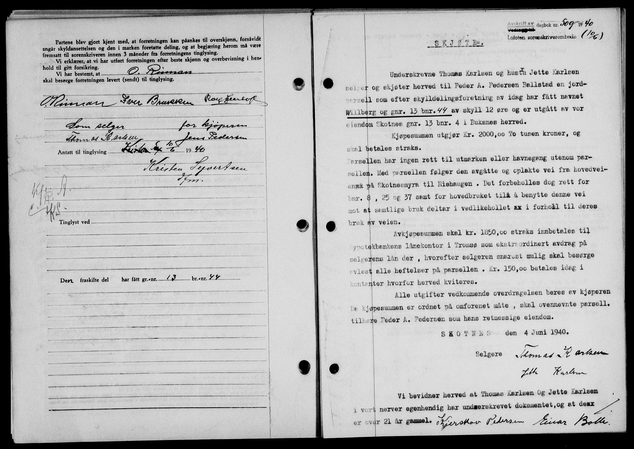 Lofoten sorenskriveri, SAT/A-0017/1/2/2C/L0007a: Mortgage book no. 7a, 1939-1940, Diary no: : 509/1940