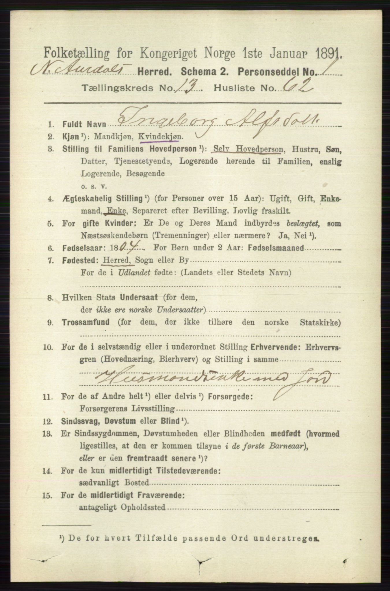 RA, 1891 census for 0542 Nord-Aurdal, 1891, p. 5127